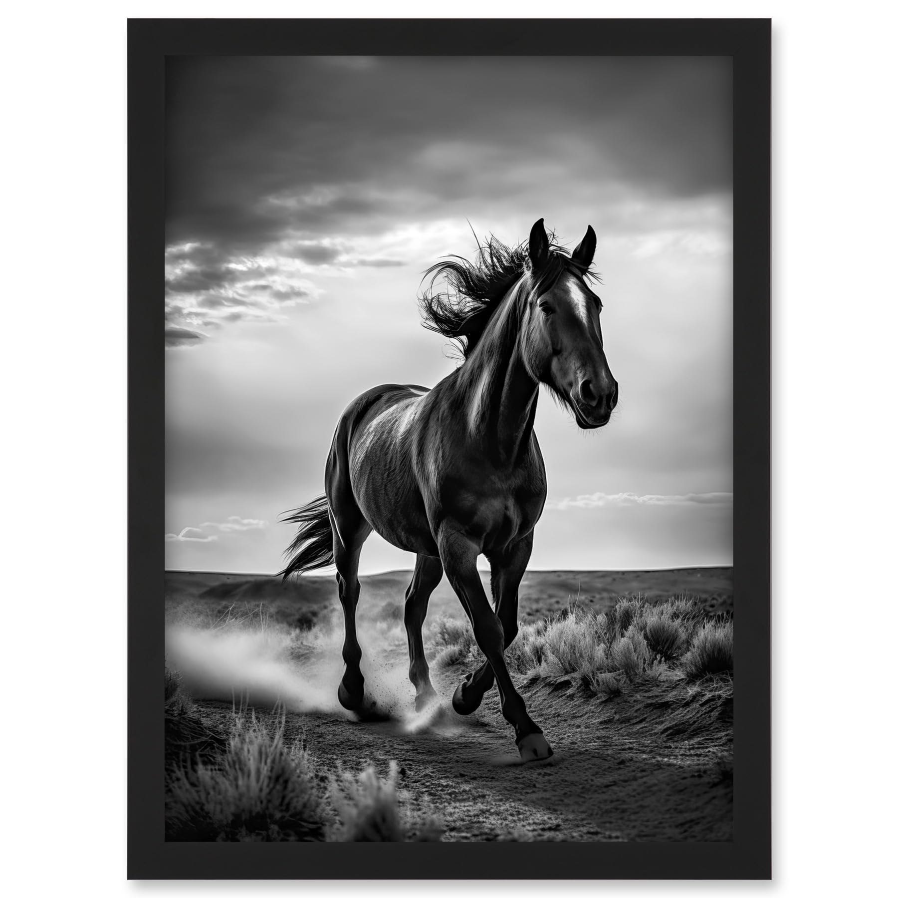 Artery8 Horse Galloping Desert Landscape Black and White Artwork Framed A3 Wall Art Print