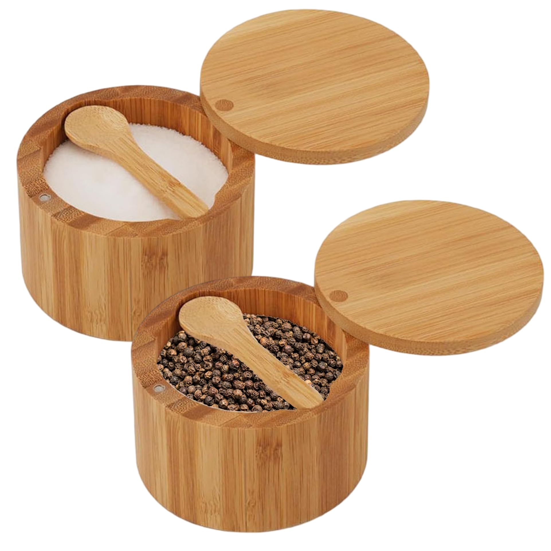 Xoeryoy 2Pcs Salt and Pepper Containers, Bamboo Salt and Pepper Bowls with Swivel Lid & Built-In Spoon, Round Storage Box for Storing Sugar Herbs Spice