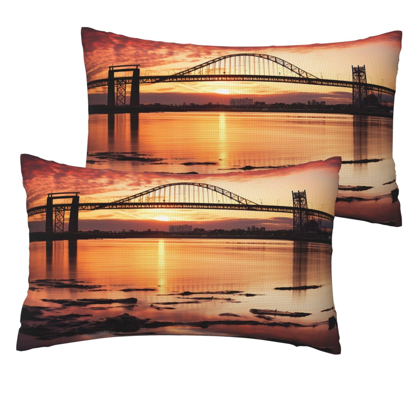 2 Pack Pillow Cases with Hidden Zipper, Soft Breathable Decorative Pillow Covers for Hair and Skin, Newark Bay Bridge and Sunset Pillowcases 12"x20" Bed Pillow Protectors Cover for Sleeping Gifts