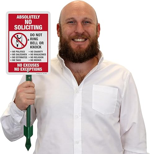 Miniatura 3 de SmartSign cartel de 10" x 7" "Absolutely No Soliciting - Do Not Ring Bell Or Knock, No Exceptions" para jardín y kit de estaca de 18 pulgadas,