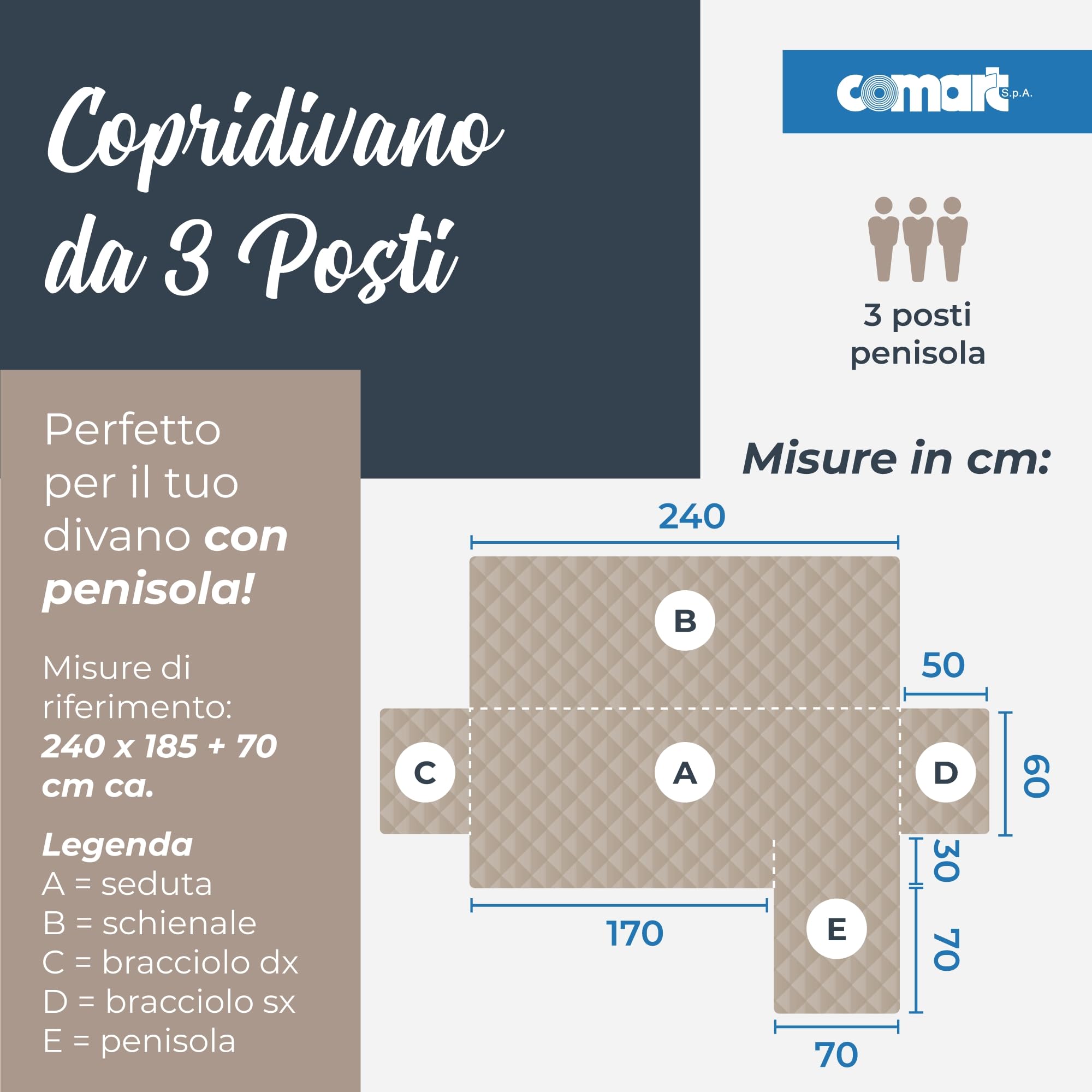 Comart Majestic pokrowiec na sofę narożną z podłokietnikami, pikowany pokrowiec, dwustronny - odporny na zarysowania, można prać w pralce, antypoślizgowy, brązowy, na sofę z półwyspem 3-osobowym