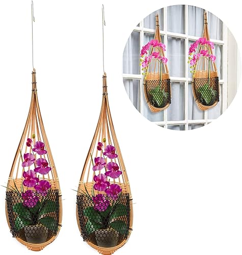 RWUDV Paquete de 2 macetas colgantes de orquídeas hechas a mano con tejido de bambú tailandés de 4.72 pulgadas, cesta colgante de orquídea con