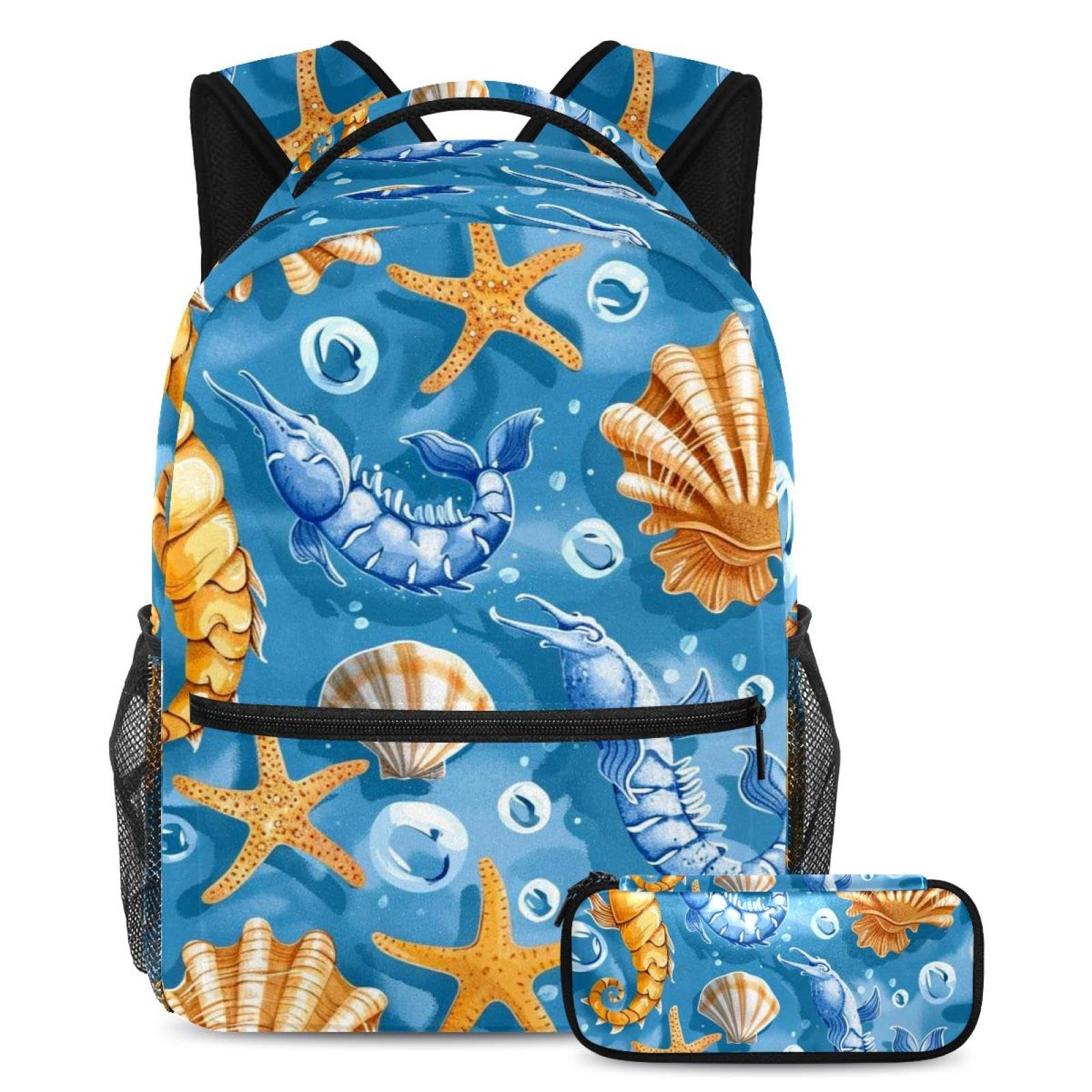 Sac à dos imprimé océan grand format avec trousse assortie style mer bleu