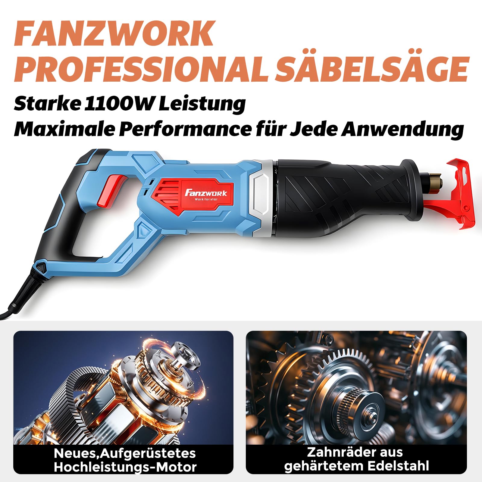 FANZWORK - Sierra de sable eléctrica de 1100 W, 0-2500 spm, LED, incluye hoja de sierra con cable de 4 m, para madera, metal y plástico, cambio de hoja sin herramientas