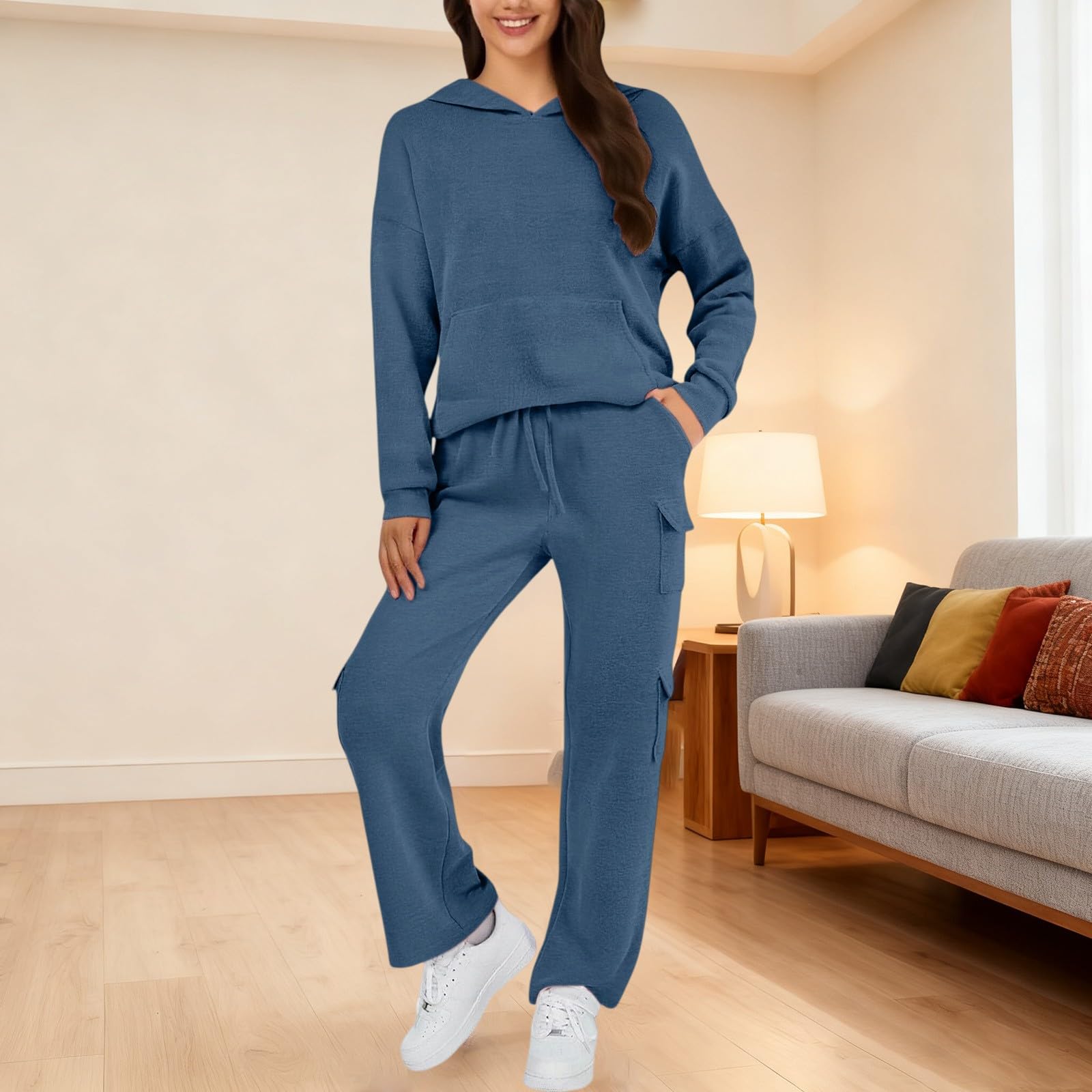 Generico Tuta Palestra Donna Taglie Forti Set Due Pezzi Curvy Felpa Manica Lunga Pantaloni Con Tasche Tuta Palestra Donna Per Casa