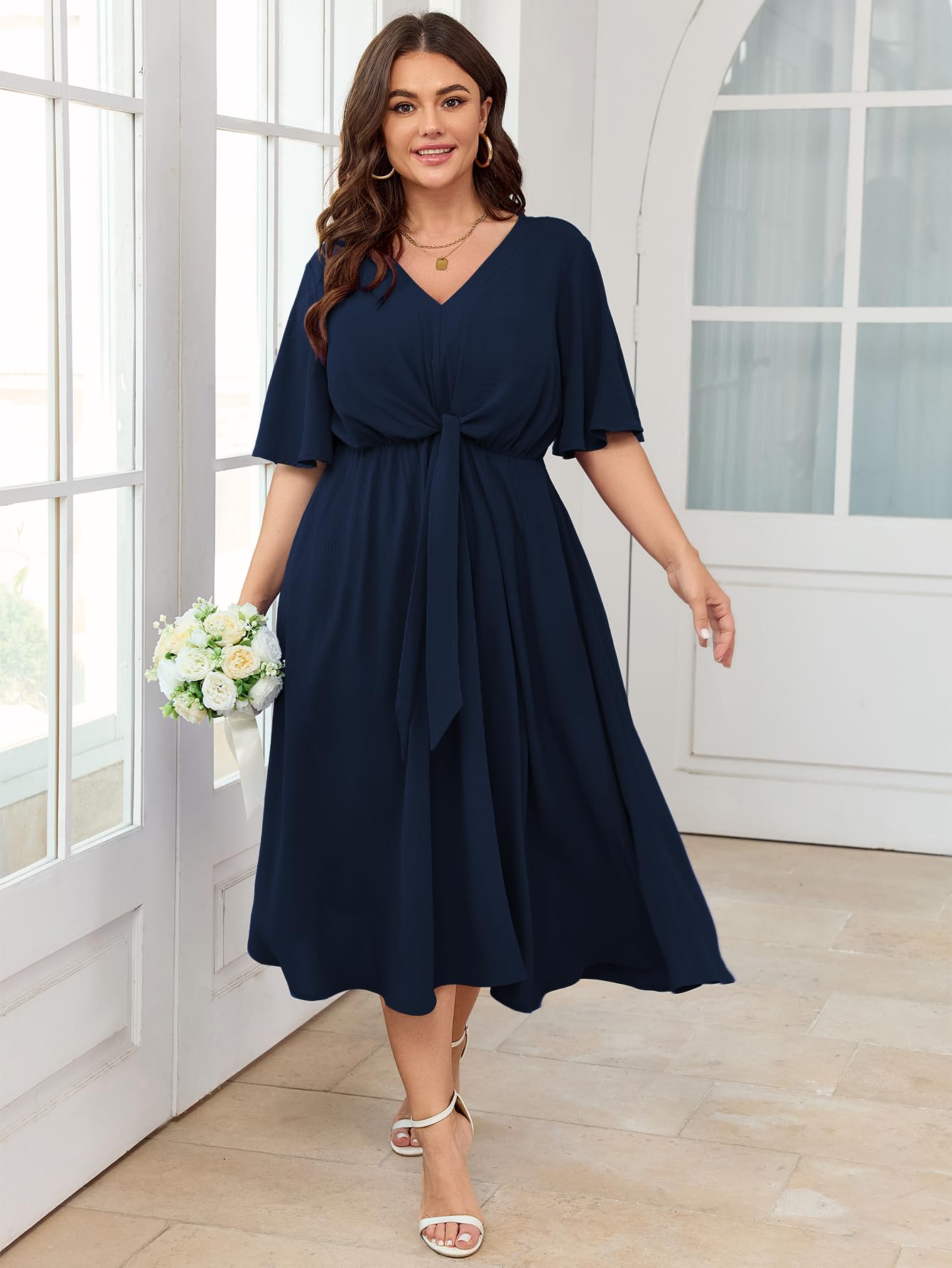 SCOMCHIC Vestido midi para mujer, talla grande, para invitada de boda, manga corta, cuello en V, lazo en la cintura, casual, de verano, vestido acampanado