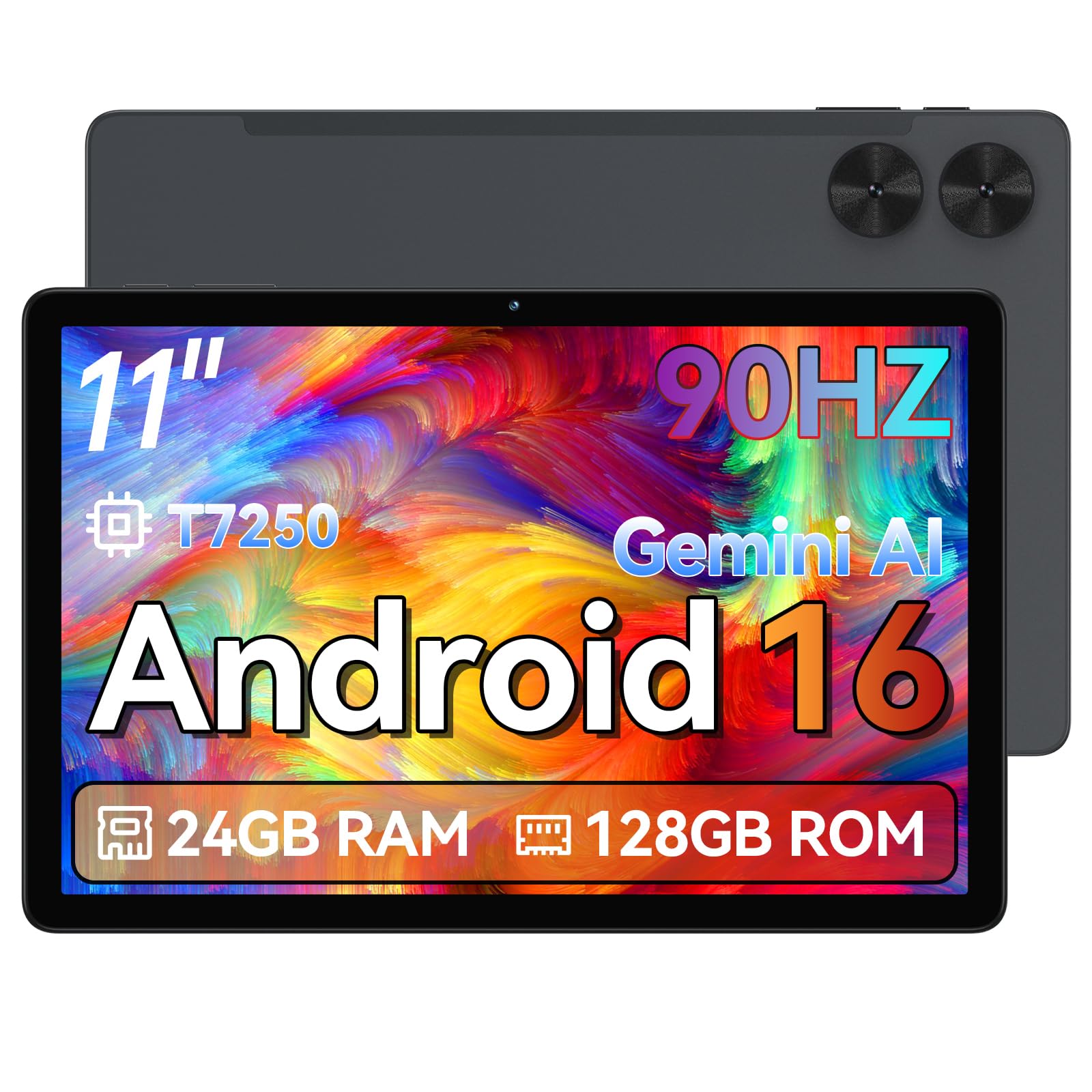 Tablet, Android 16 Tablet 11 Zoll 90Hz Display 24GB+128GB T7250 Octa-core Dual Camera 1280x800 HD 7000mAh Wi-Fi 6,BT 5.4 24GB(4+20) RAM 128GB ROM Support 1TB Expansion Widevine L1 GPS/13MP/GMS/OTG