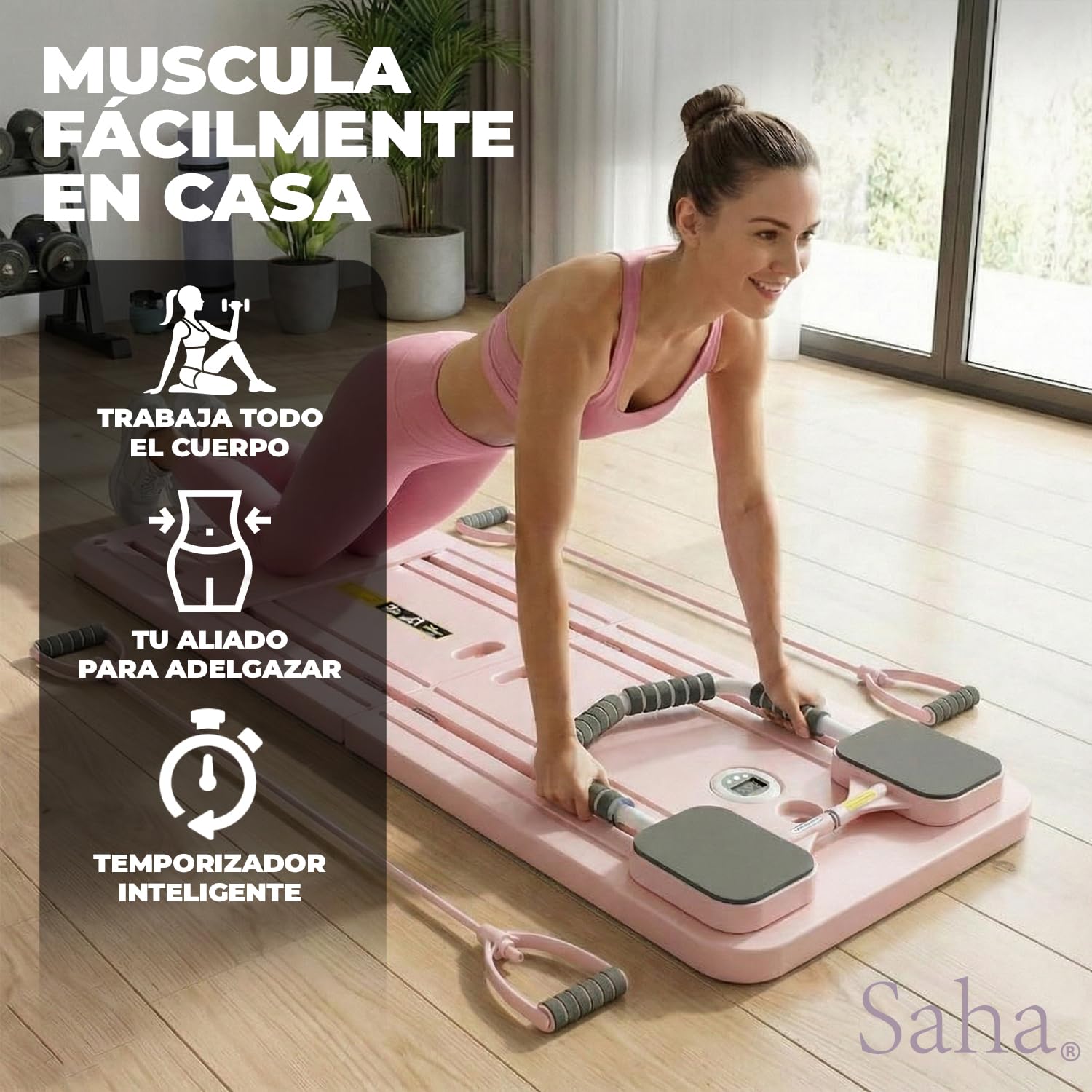 Saha® Tabla Pilates Reformer Rosa | Aparato Abdominales Fitness Casa con Bandas de Resistencia, Asas y Temporizador | Yoga Core Entrenamiento Cuerpo Completo | Original Corner