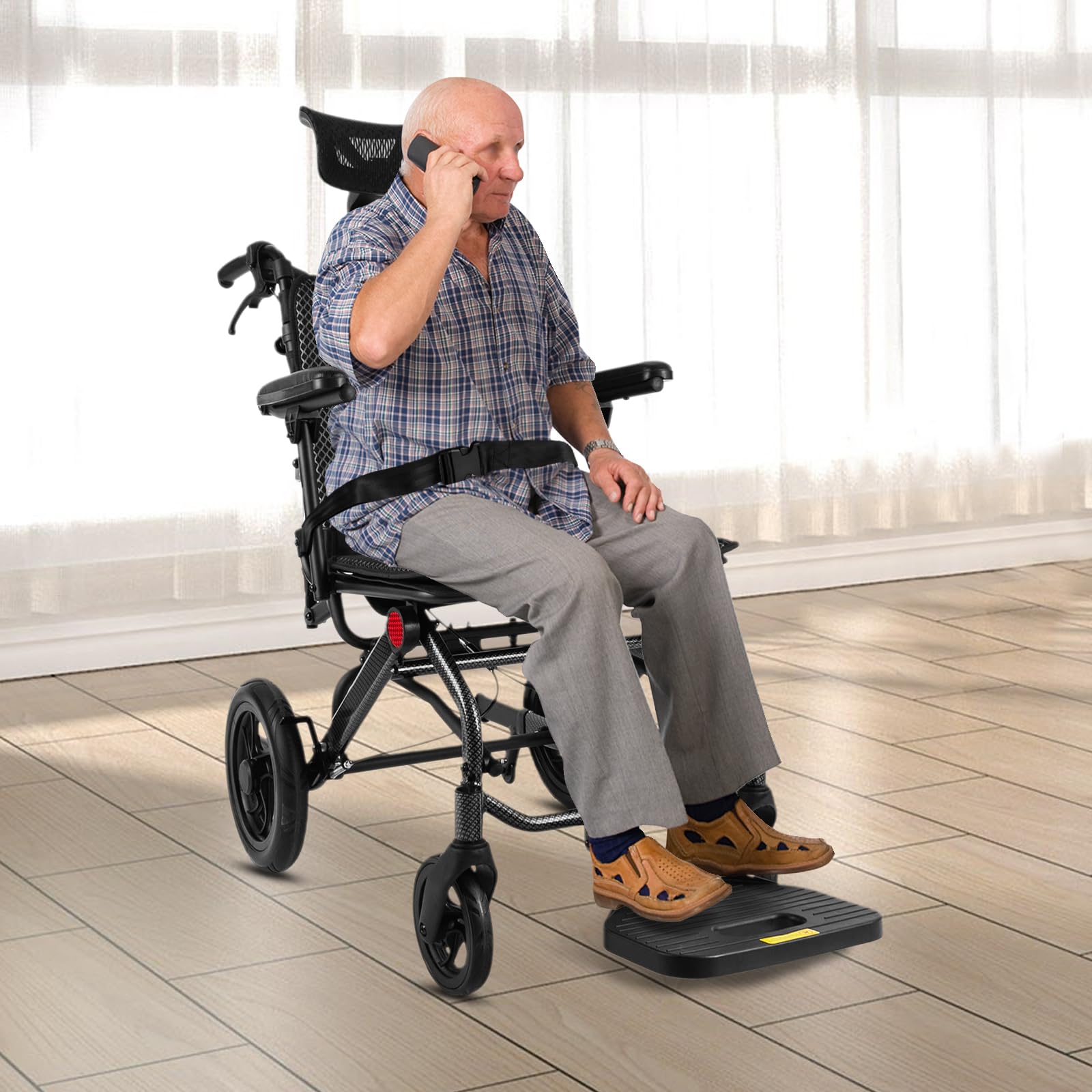 Silla de ruedas reclinable ligera con respaldo ajustable de 90° a 175°, plegable de aluminio, para personas mayores y adultos de hasta 130 kg, compacta y portátil