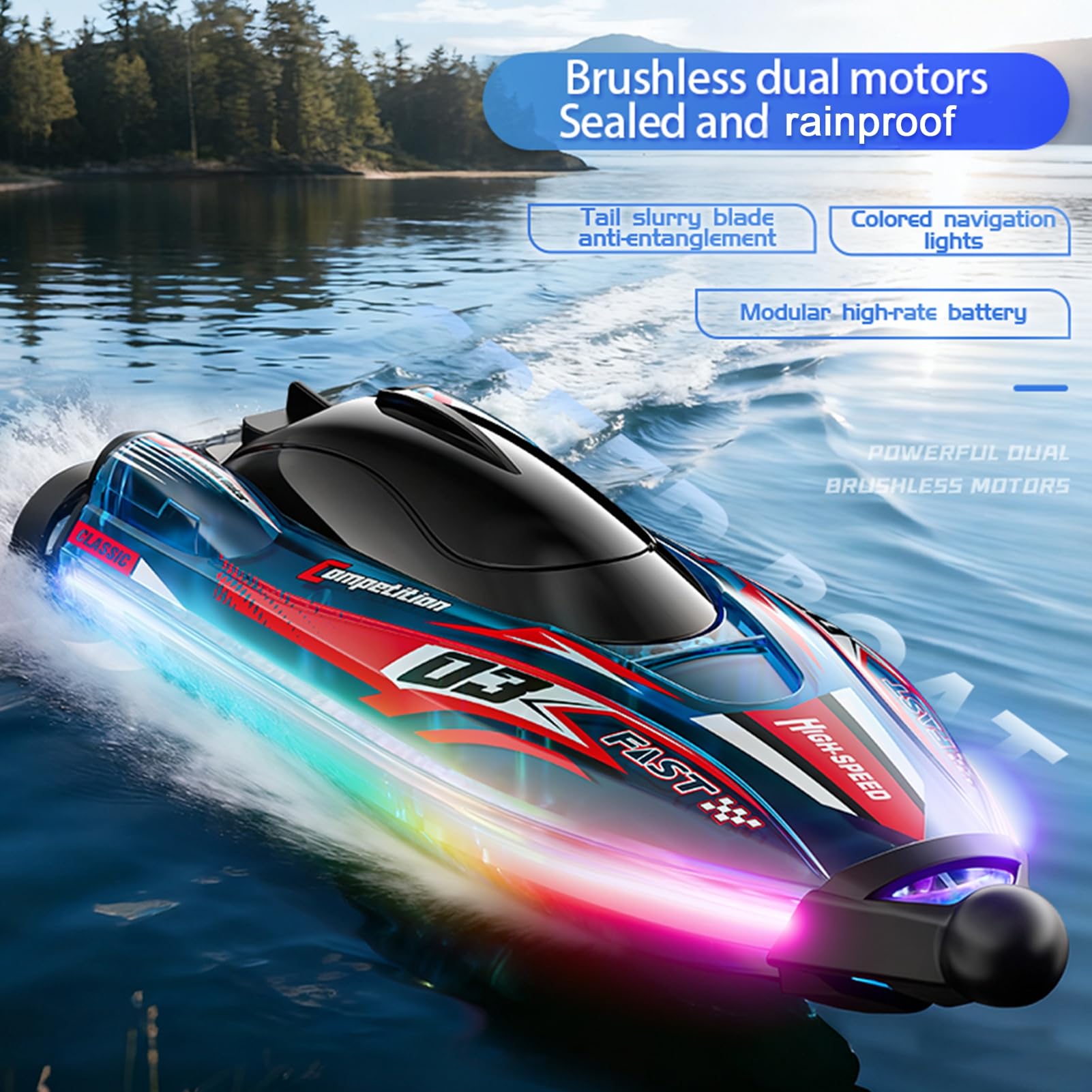 Barca radiocomandata senza spazzole, ad alta velocità, per giochi d'acqua sul lago, doppio motore, rotazione a 360°, luci colorate, autoserrante (blu)