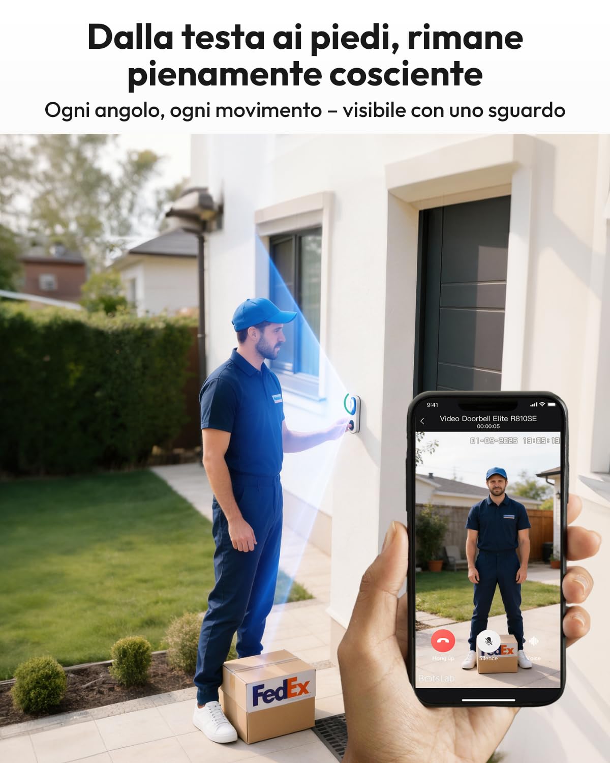 BOTSLAB Videocitofono Impermeabile 2K con Pannello Solare, WiFi a 2,4 GHz | Videocitofono con Alimentazione Continua, Visualizzazione 1:1 testa-piedi, Audio Bidirezionale, Rilevamento di Presenza umana