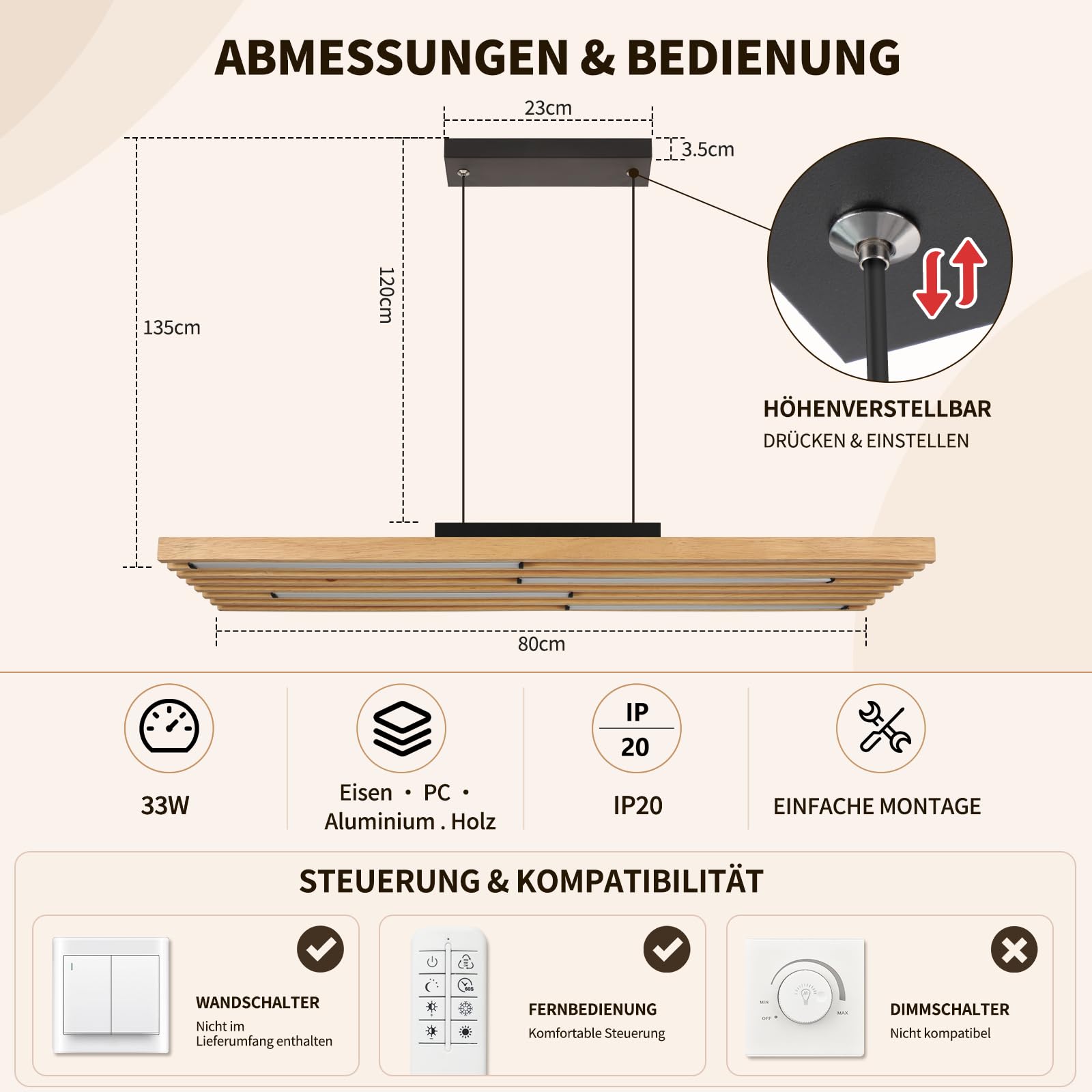 ZMH Hängelampe esstisch Holz 33W Pendelleuchte dimmbar Esszimmerlampe Küche