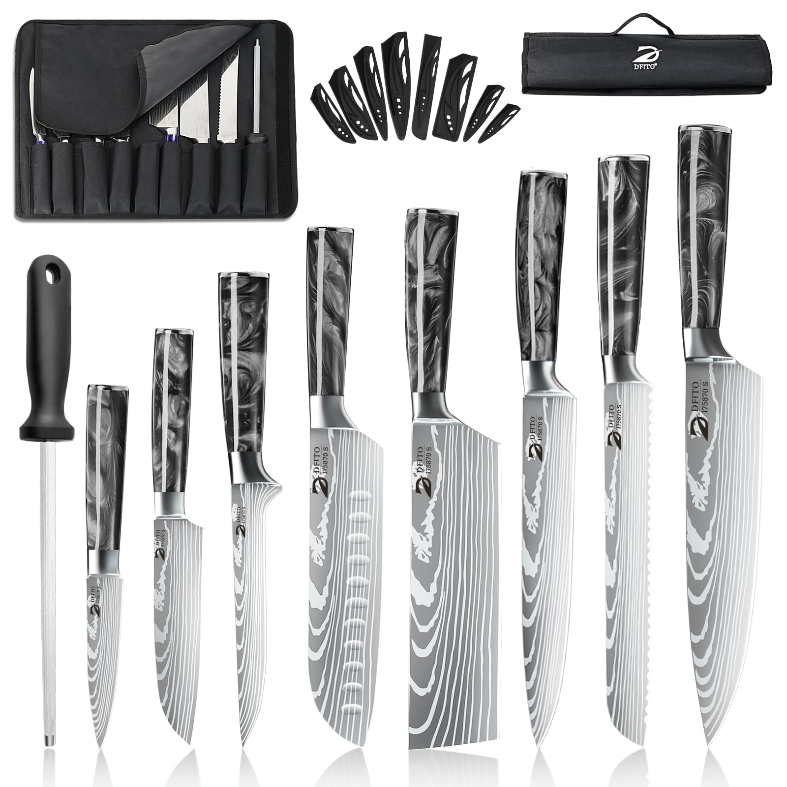Dfito 9 Pieces Chef Knife Sets with Roll Bag, Professional Knife Set