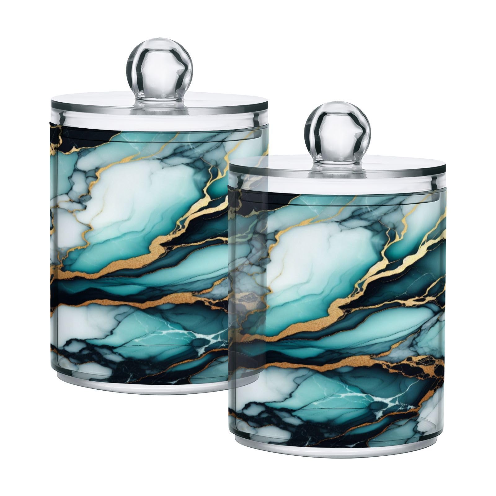 Kigai Aqua Black Gold Marble Qtip Dispenser Apothecary Jars Bathroom, 4 Pack of 14 oz - Qtip Holder Storage Canister Clear Plastic Jar for Cotton Ball