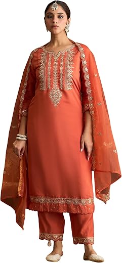 INDO ERA Women's Silk Blend Embroidered Straight Kurta Pant With Dupatta Set (Iestr6613)