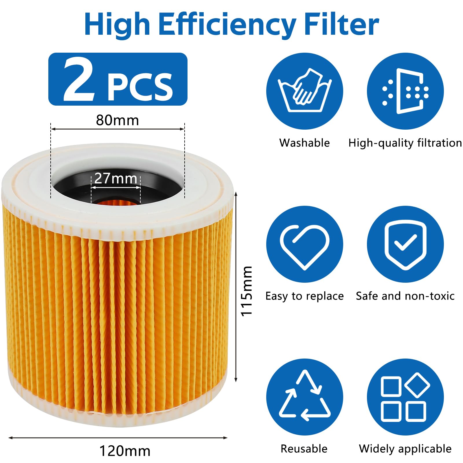 2 Filtro de Cartucho, Filtro Karcher WD3 Compatible con Aspiradoras Kärcher WD3, WD2, WD1, MV3, MV2, A, K, KNT, NT, SE, VC, Reemplaza 6.414-552.0, para 2 Tornillos de Fijación para Alérgicas — view 3