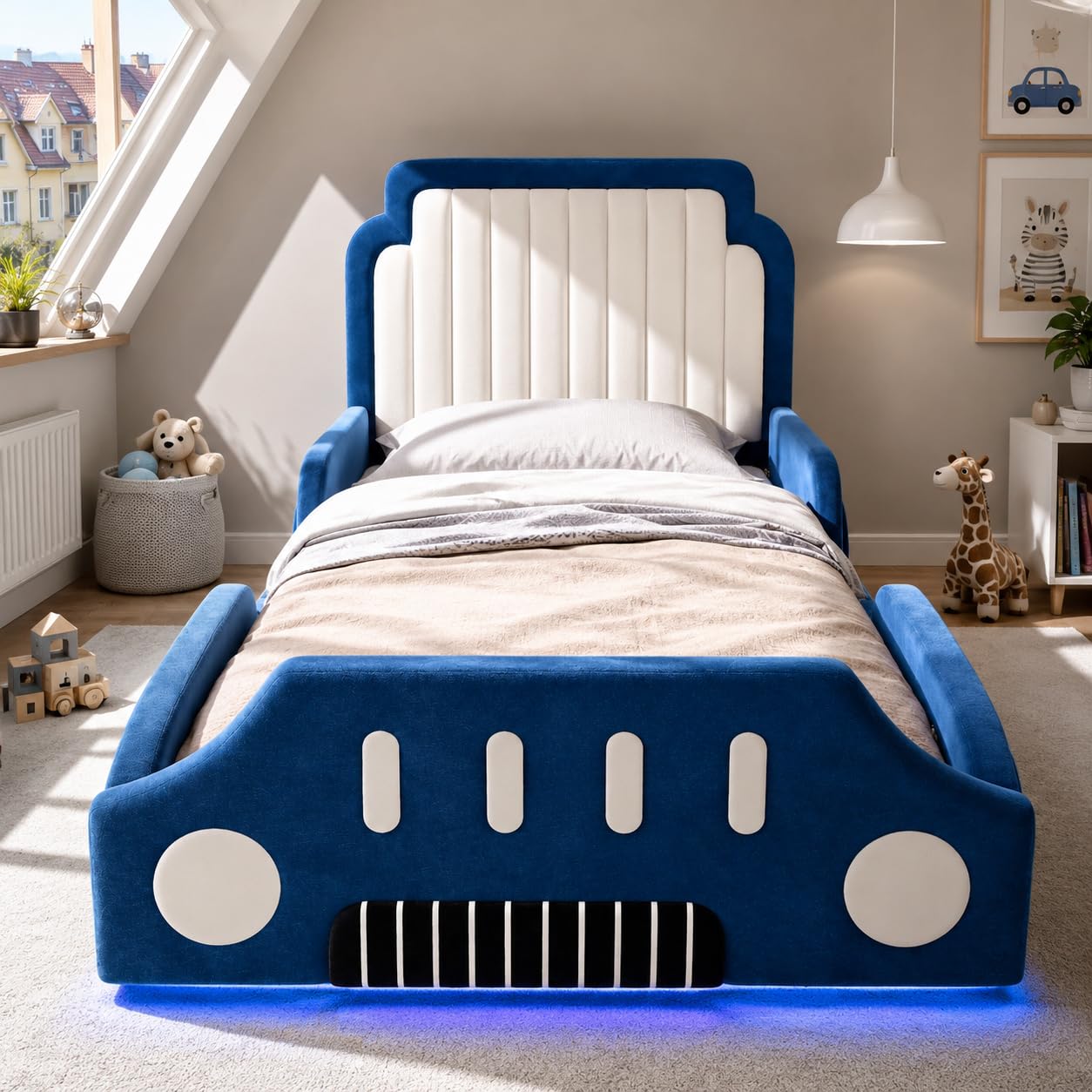 Polsterbett Einzelbett 90x200cm, Autoförmiges Design, Kinderbett mit LED und Schutzgeländer, Aufregendes Auto Kinderbett für kleine Rennfahrer, Kinder Spielbett mit Lattenrost, Samt (Blau-1, 90x200CM)