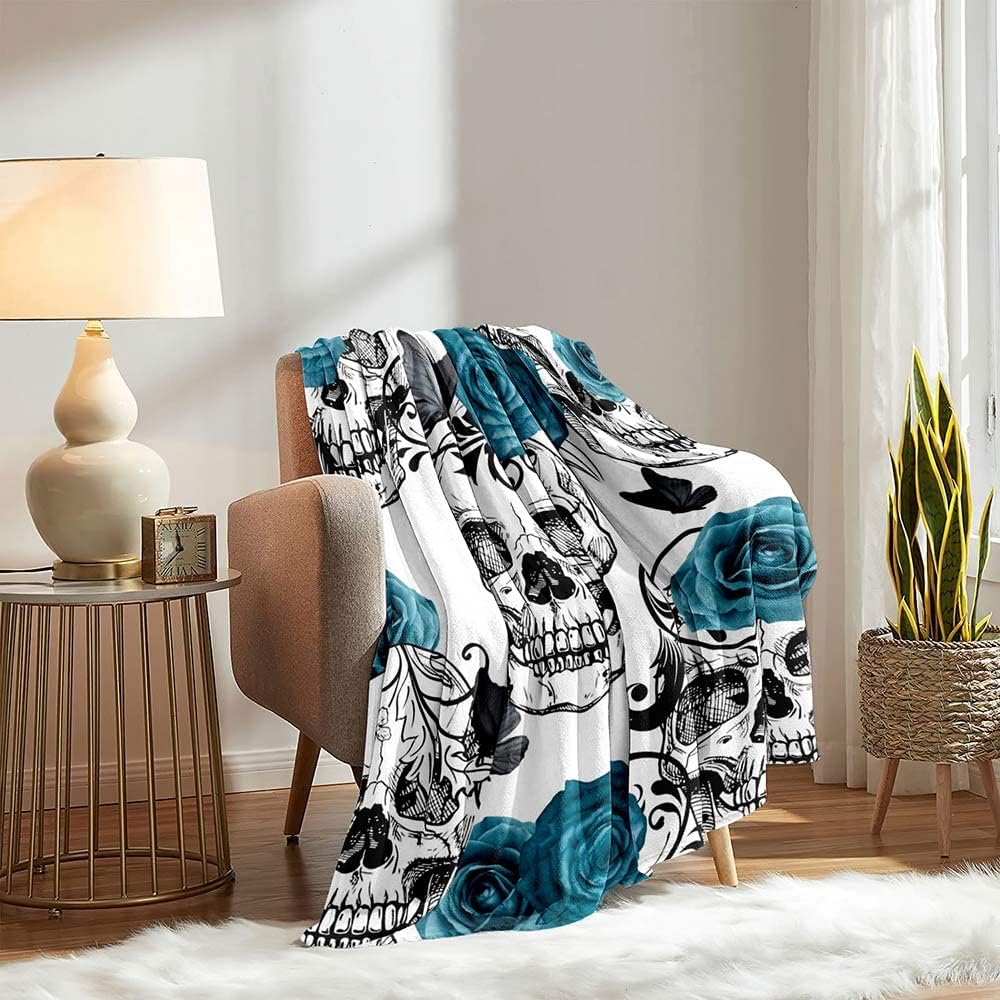 LUVIVIHOME Sugar Skull Throw Blanket - Teal Rose Floral Butterfly Skeleton Goth Blanket, Cozy Soft Lightweight Fluffy Fuzzy Warm Fleece for Couch, Sofa, 50"x60"