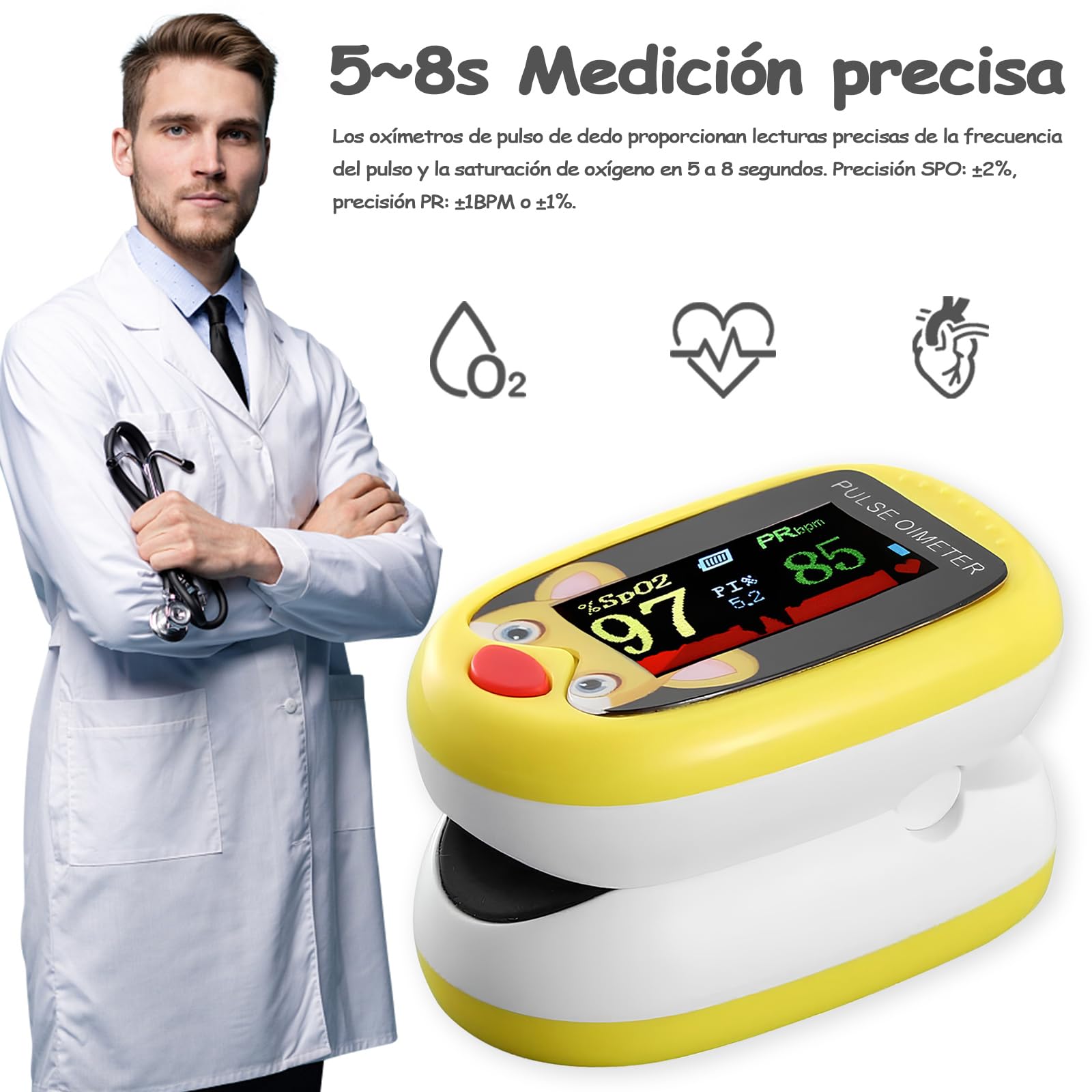 Pediatric Oximeter, Rechargeable Digital Oximeter, Can Monitor Blood Oxygen Saturation, Pulse Rate and PI at the Same Time, Suitable for Daily Testing and Monitoring (Yellow)