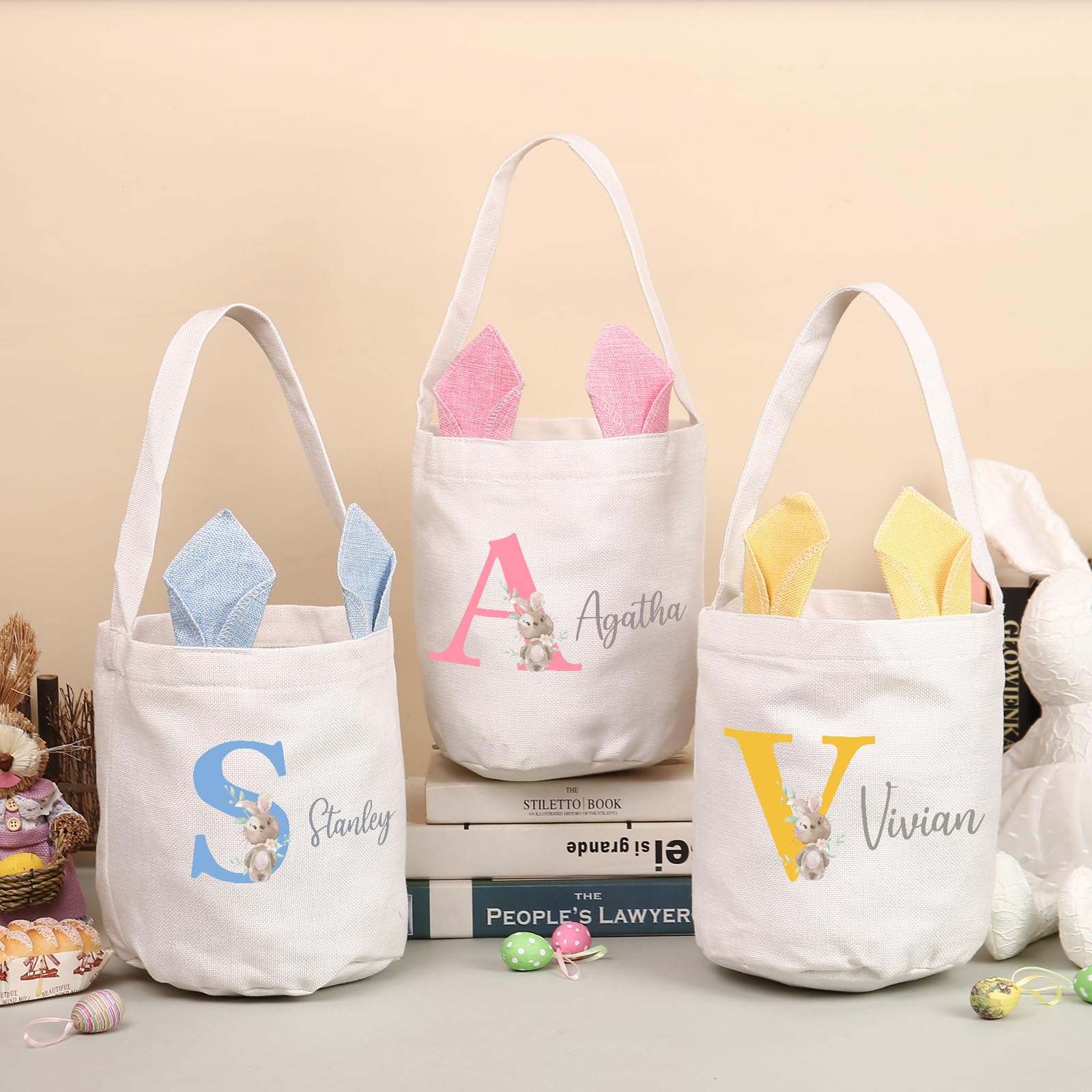 Personalized Easter Basket for Girls Boys - Custom Initials & Name & Photo Easter Bucket for Kids Customized Bunny Easter Baskets Empty for Carrying Gift Easter Eggs Party Bag (Style 2)