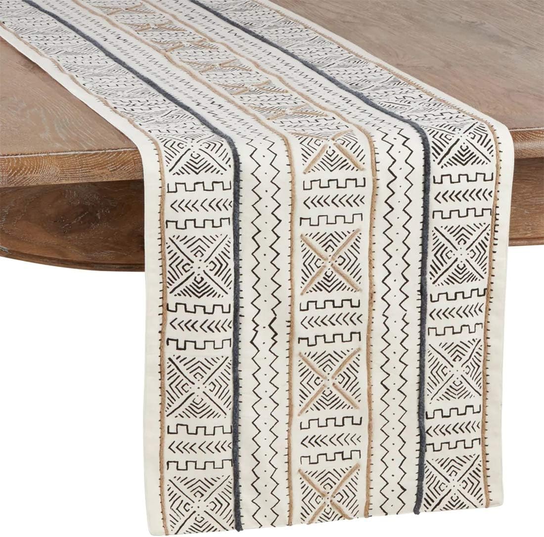 Fennco Styles Modern Mud Cloth Design 100% Cotton Table Runner 16 x 90 Inch - White Multi Table Cover for Home Décor, Banquets and Special Occasion