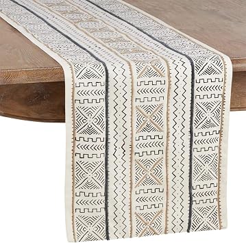 Fennco Styles Modern Mud Cloth Design 100% Cotton Table Runner 16 x 108 Inch - White Multi Table Cover for Home Decor, Banquets and Special Occasion