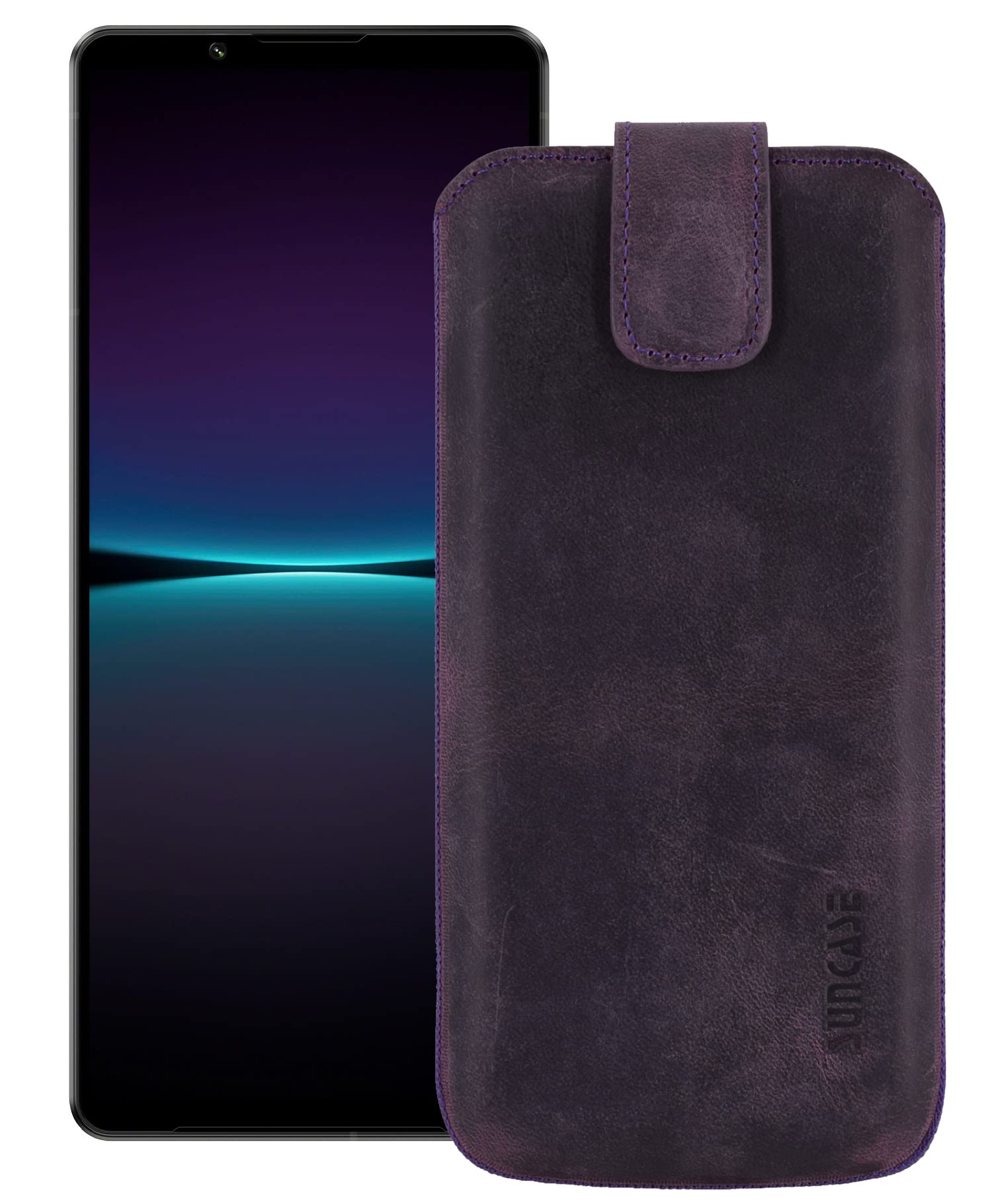 Slim Edition Genuine Leather Case Compatible with Sony Xperia 1 II 2 (2020) with Pull-Up Strap and Magnetic Closure Antique Purple