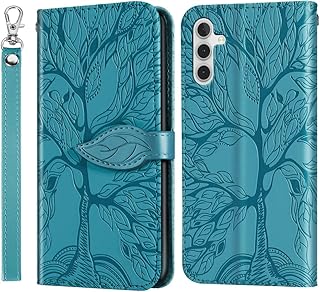 GYHOYA Compatible with Samsung Galaxy A54 5G Wallet Case Women Leather Folio Flip with Wrist Strap Kickstand Magnetic Shockproof with Card Holder Protective Case for Galaxy A54 5G Life Tree Blue
