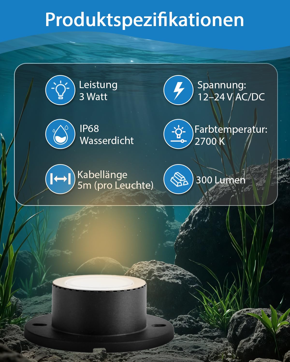 Niederspannung Teichbeleuchtung Unterwasser Licht mit UL-Cord, IP68 Wasserdicht LED Poolbeleuchtung, Warmweiß 2700K Gartenteich LED für Pool Wasserfall Beleuchtung (Transformator nicht enthalten)