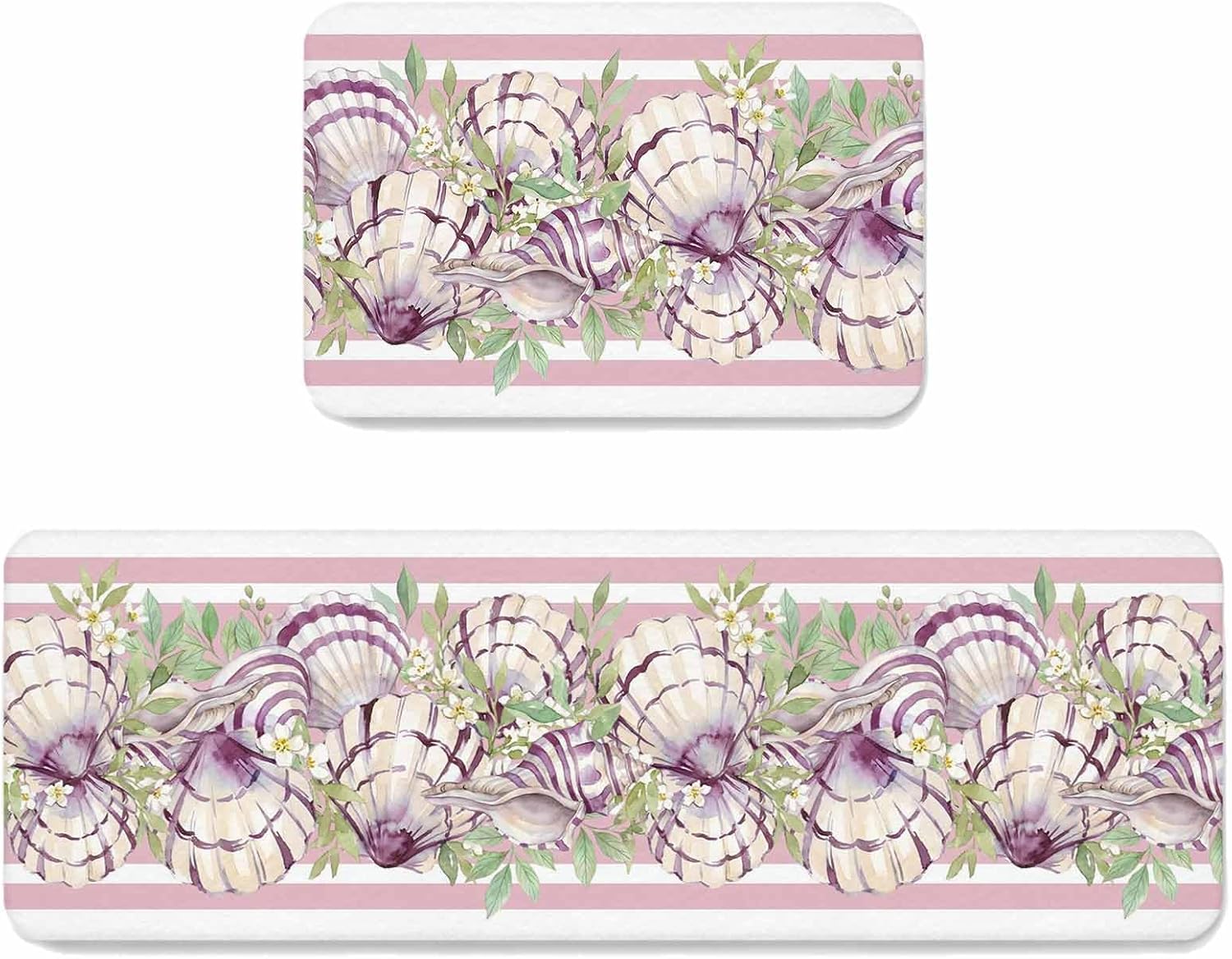 Prime Leader Floral Shells Kitchen Mat Set 2 Pieces Summer Coastal Flower Leaf Pink Stripes Non Slip Kitchen Rugs Washable Runner Rug Mats for Floor Sink Laundry Office 23.6" x 35.4"+23.6" x 70.9"
