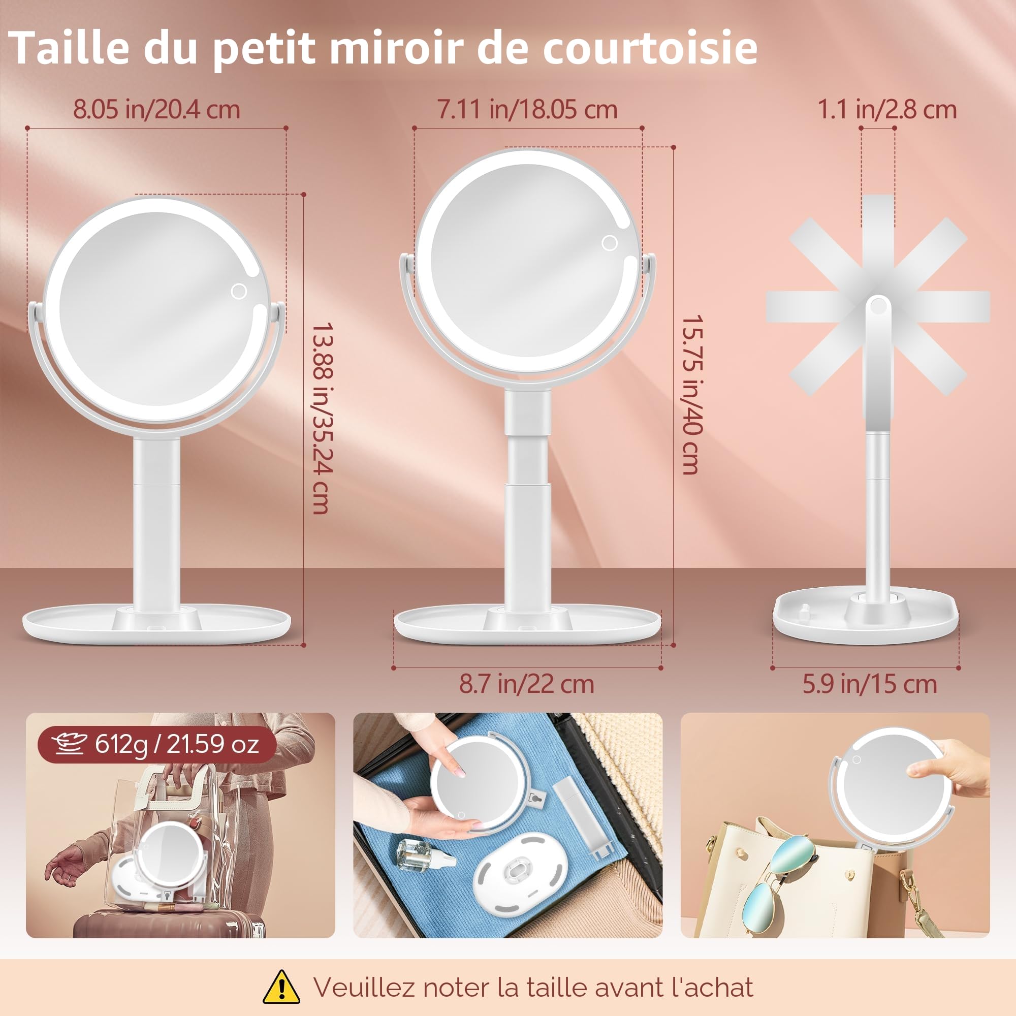B Beauty Planet Miroir de Maquillage Éclairé 30X LED 3 Couleurs Intensité Variable Réglable en Hauteur Miroir Cosmétique 2 Côtés Blanc