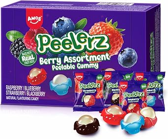 AMOS Peelerz Gummy Sweets, 4 Flavors Berry Mix Fruit Sweet Gift Candy Strawberry & Blueberry & Raspberry & Blackberry, Peelable Candy Chews Snacks Individually Wrapped Gummy Sweets Packs -240G
