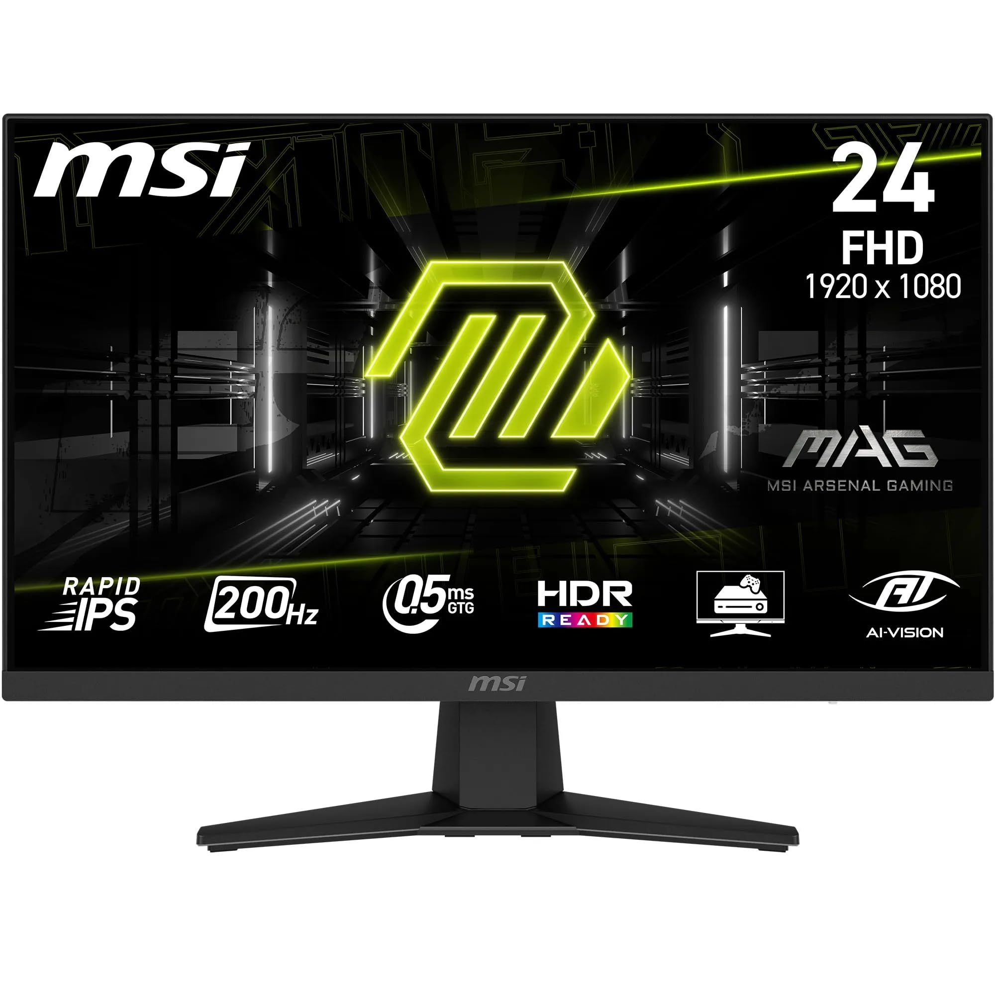 MSI MAG 244F, 24" Eye Care Gaming Monitor, FHD 1920x1080, IPS, Frameless, 200Hz, 0.5ms, HDR Ready, AMD FreeSync Premium, AI Vision, HDMI&DP Port, Tilt Adjustable, Vesa, Black, 3 Year Warranty