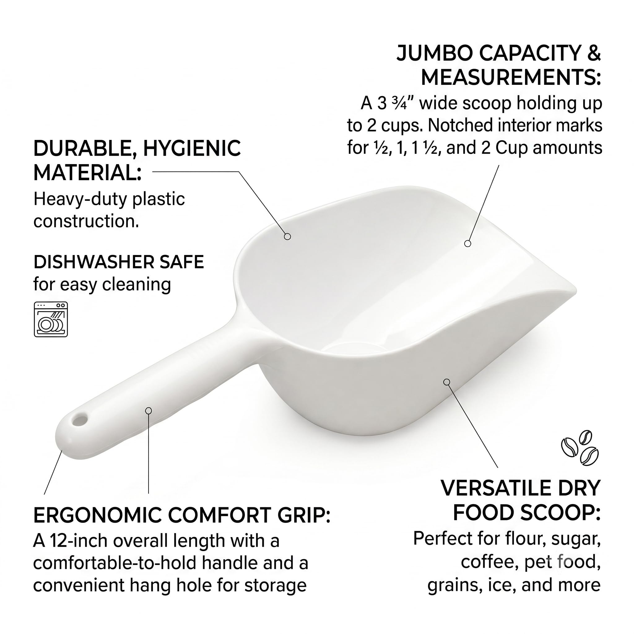 Cuchara de plástico jumbo de 12 pulgadas de largo, ideal para la cocina para harina, azúcar, cereales, para alimentación de alimentos de mascotas, jardinería y más (1)