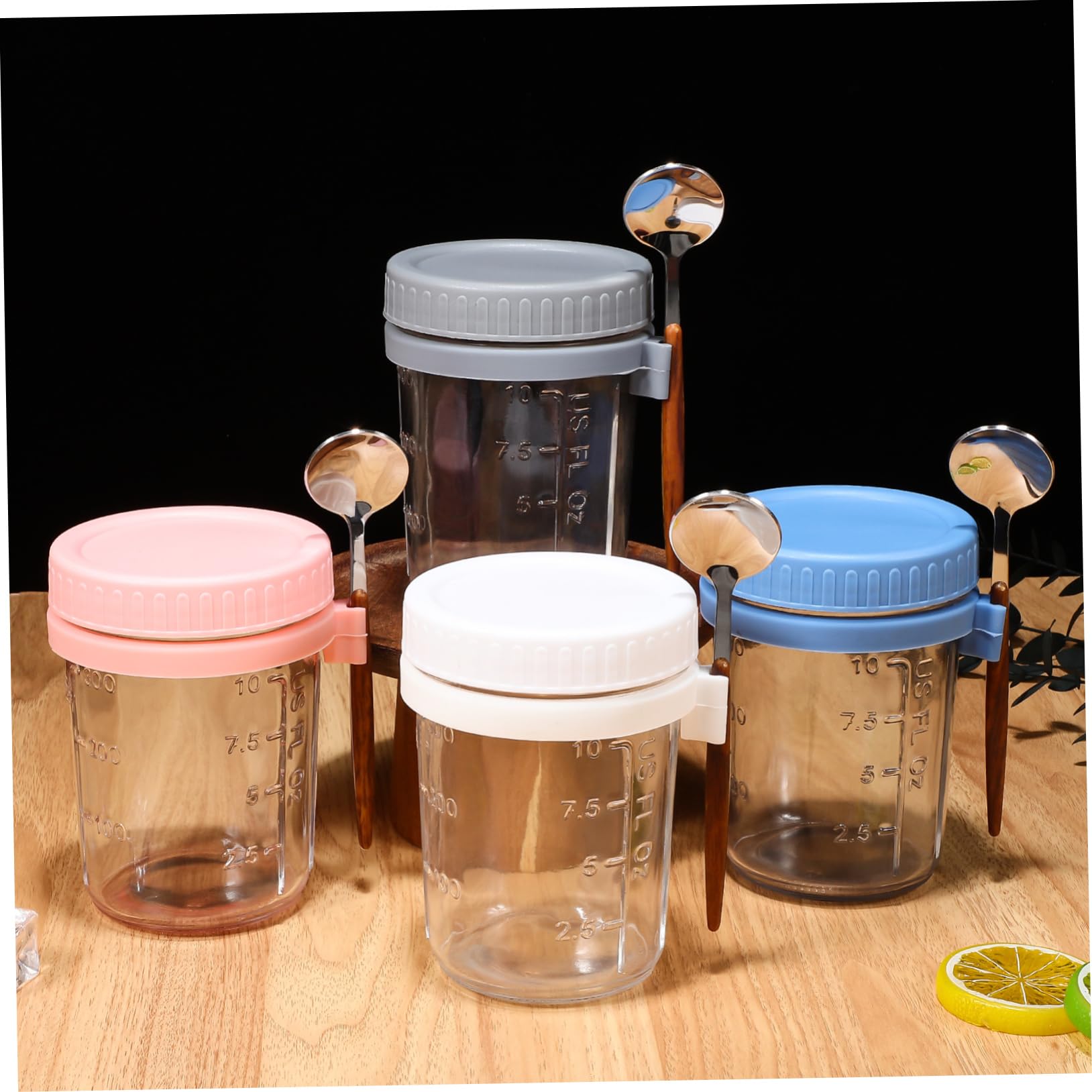 Frascos de Vidrio 400ml con Tapa y Cuchara, Juego de 4 | Boca Grande, Marcas de Medición Visibles, Silicona Cierre, Uso en Cocina y Oficina