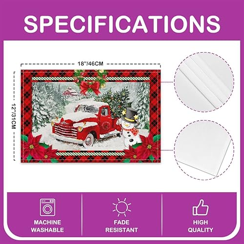 Miniatura 4 de Juego de 4 manteles individuales temáticos navideños de 12 x 18 pulgadas, diseño de camión rojo, muñeco de nieve, pino, tapete de cocina para mesa