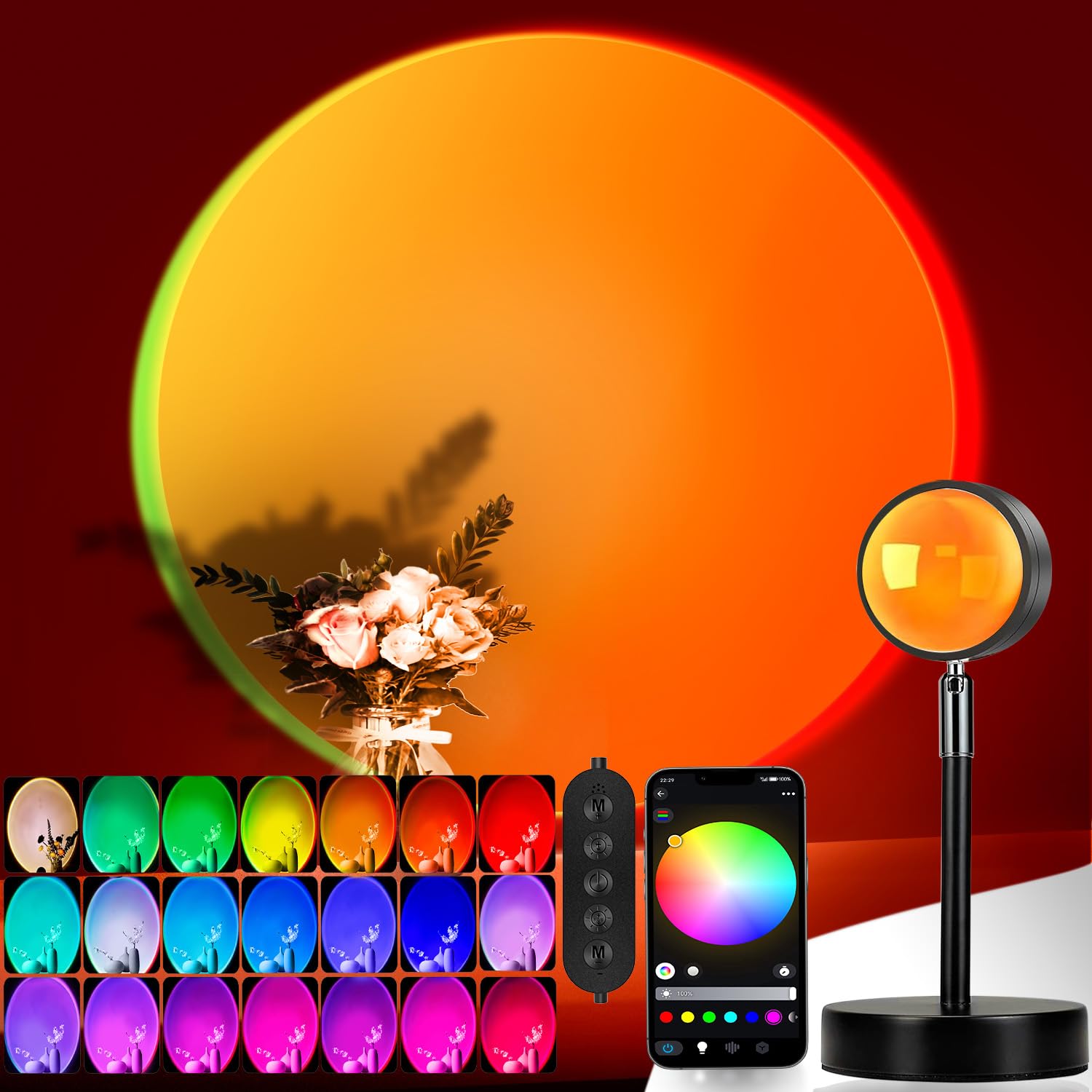 easeking LED Sunset Lamp Projector,Multicolor Changing with USB Port,Sunset Light 180°Rotation for Room Decor,Sunset Lamp for Bedroom,Photography Party,Tiktok Live,Gift for Halloween, Christmas