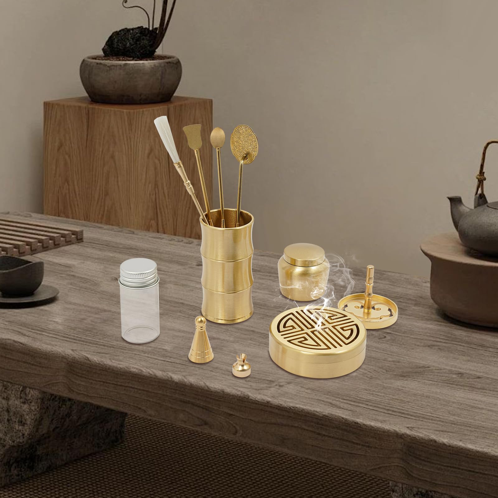 11 Stück Messing Weihrauch Werkzeug Set, Räuchergefäß-Set mit Messing Weihrauch Löffel Presse Schaufel Pinsel Zubehör für Yoga, Meditation
