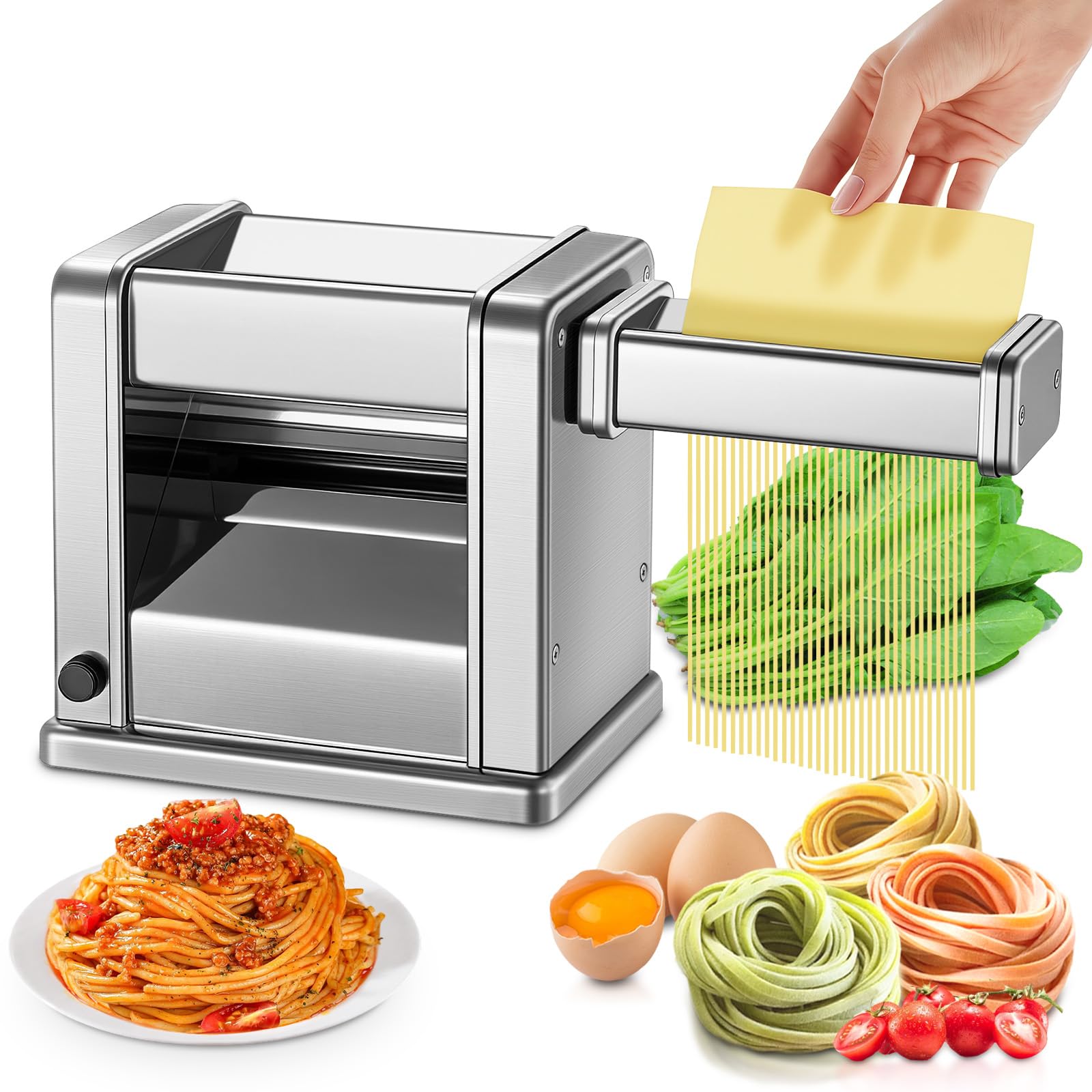 FOHERE Machine à Pâte Électrique Laminoir à Pâte Acier Inoxydable avec 2 Lames de 1.5 mm Rondes et 6.6 mm Plates, 7 Réglages 'Épaisseur pour Spaghettis/Fettuccine/Boulettes/Ravioli, Argent