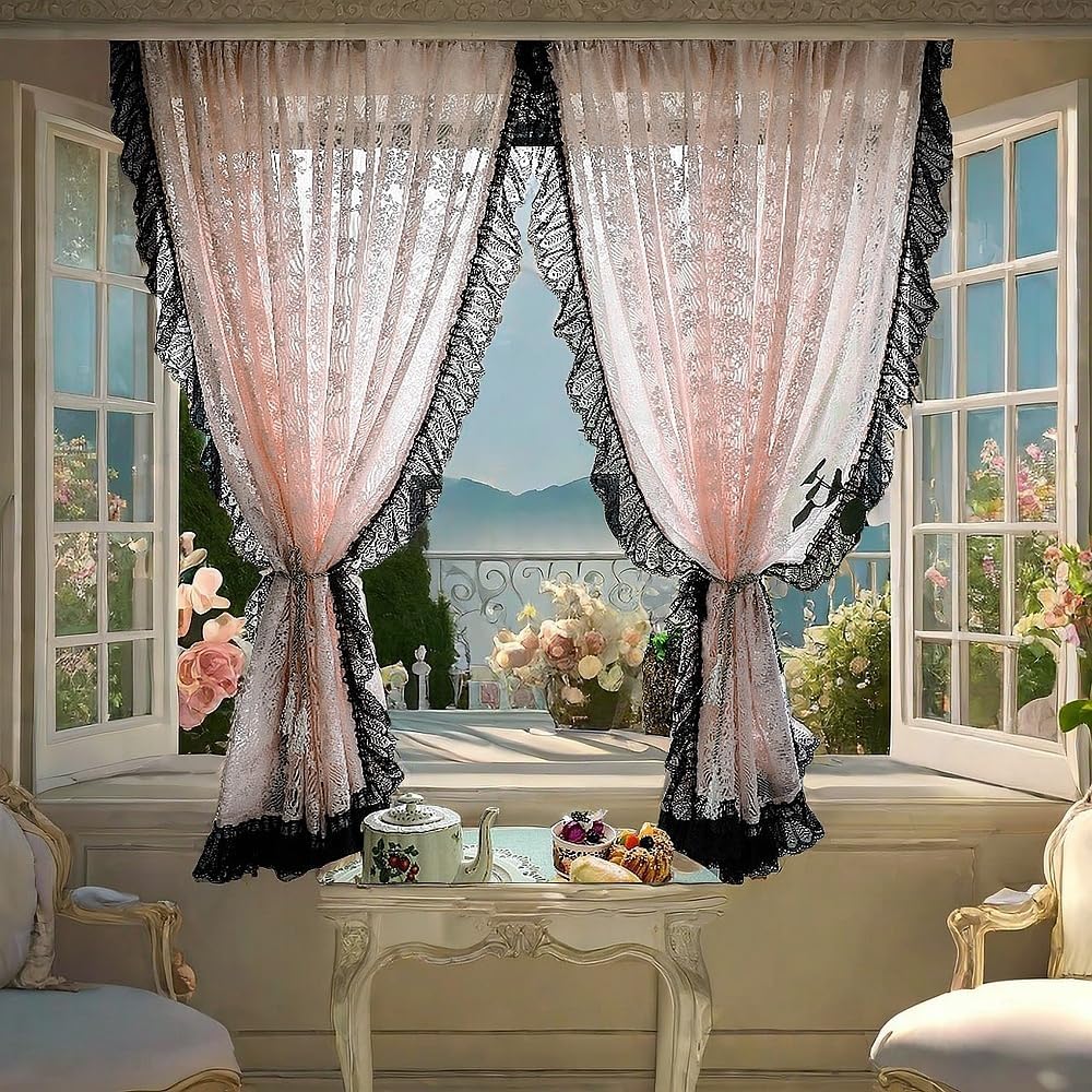 Princess Style Blush Pink Floral Lace Sheer Curtain Vintage Ruffled Black Lace Trim Short Curtain for Daughters Bedroom/Nursery Decor Retro Weave Knitted Kitchen Valance Rod Pocket 2 Panel 55Wx94L