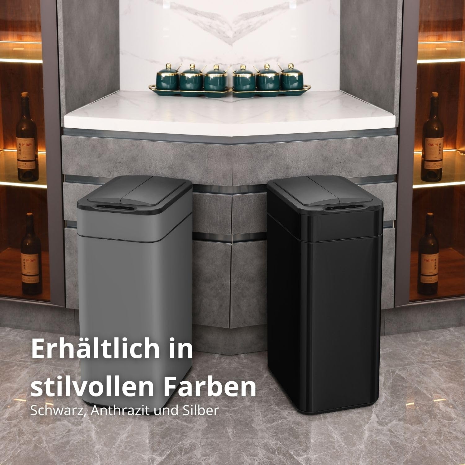 FLINQ 60L Sensor Mülleimer aus Edelstahl – Automatischer Küchenmülleimer mit Bewegungs­sensor – Großer Abfalleimer für Küche – Soft-Close Deckel - Silber