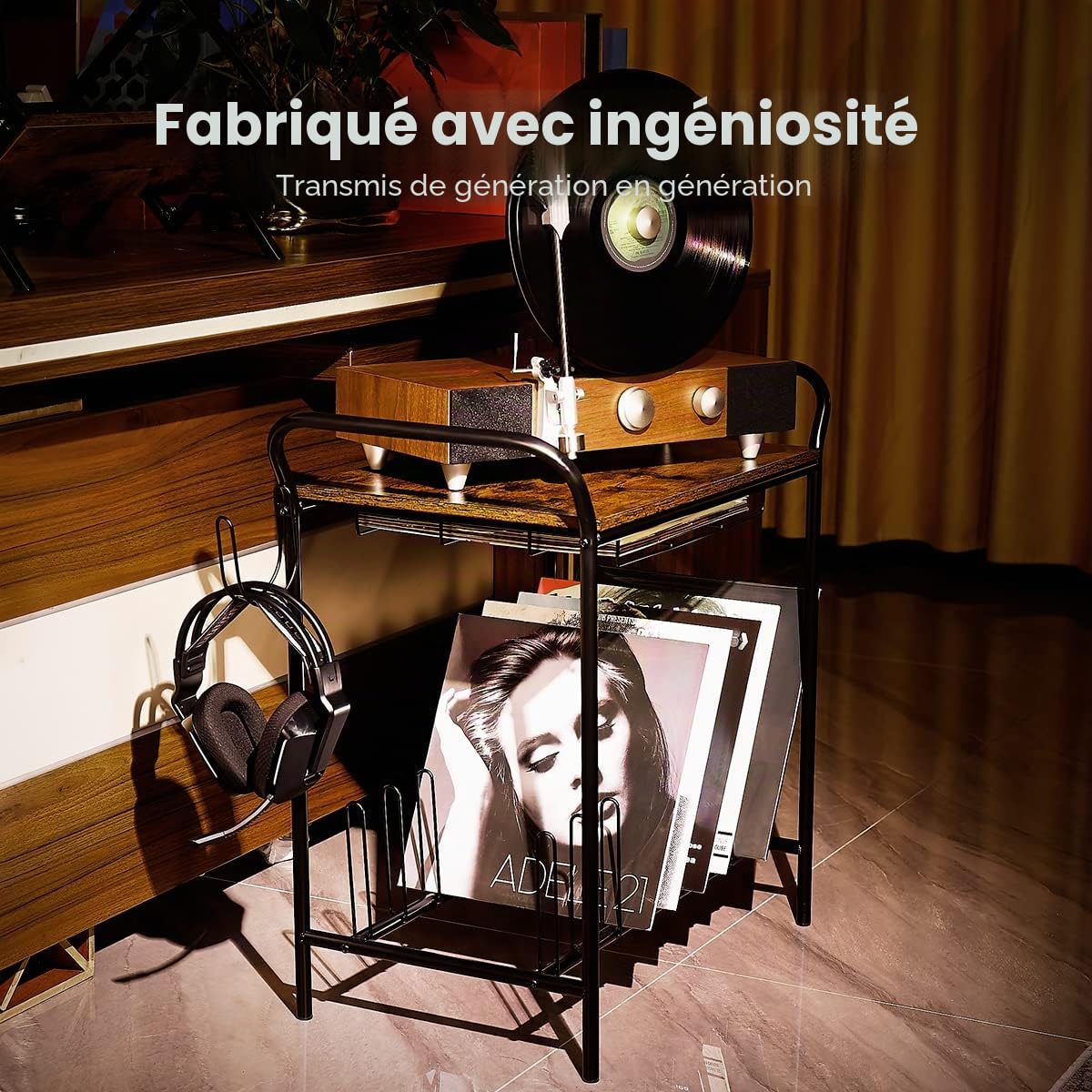 Support, table en bois pour platine ou tourne-disque, avec rangement pour disques, vintage, bronze