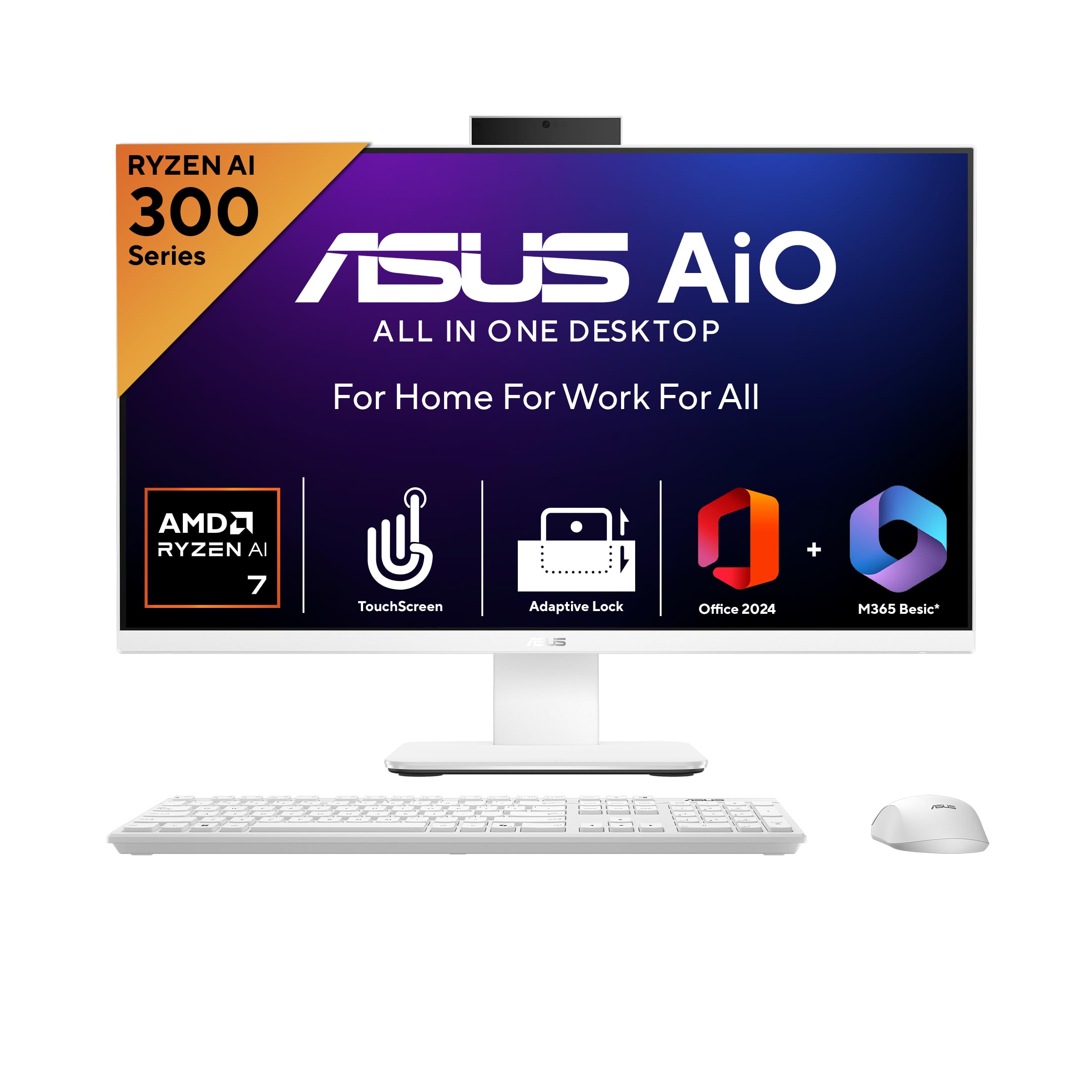 ASUS V600 AiO, AMD Ryzen AI 7 350 Processor,NPU 50 TOPS, 16GB RAM, 1TB SSD, FHD, Touchscreen, 27", Windows 11 Home, M365 Basic(1yr)* Office24, White, 9 kg, VM670KA-WPF004WS, 5M Camera,All in One AI PC