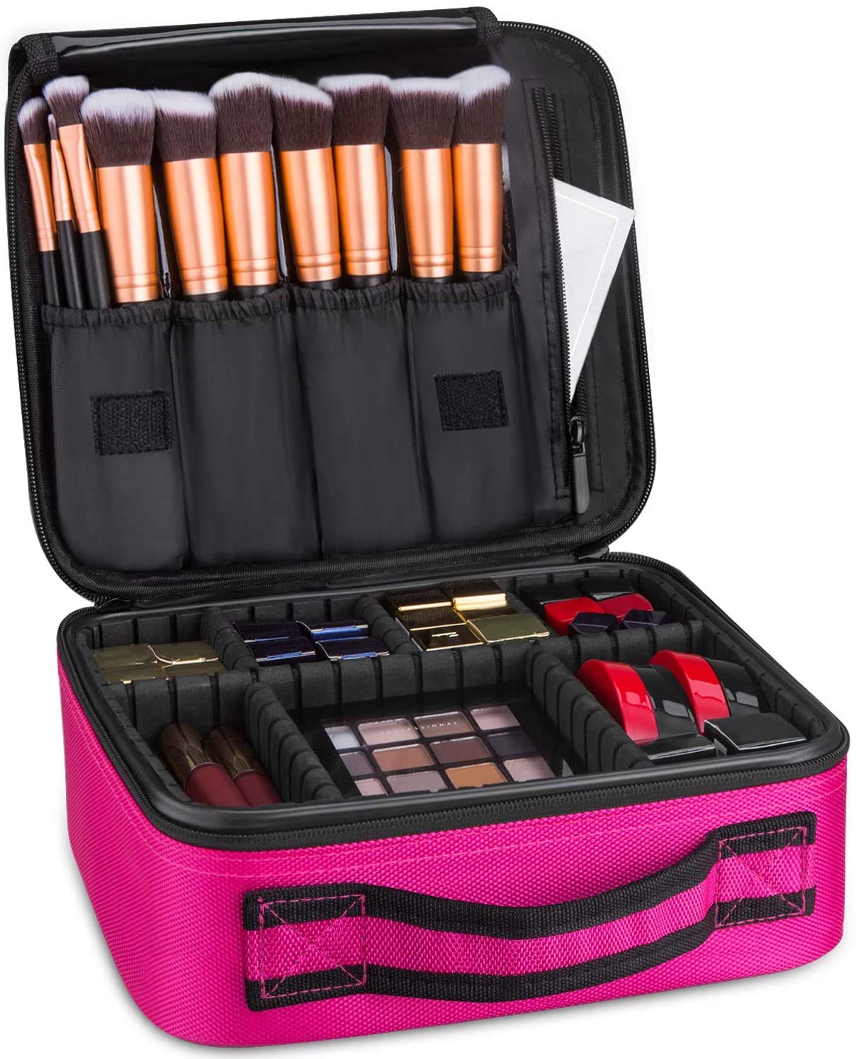 INOVERA (LABEL) Nylon Professional Cosmetic Makeup Kit Storage Organizer Travel Toiletry Vanity Bag with Adjustable Compartment, 26l x 23b x 9h cm (Pi