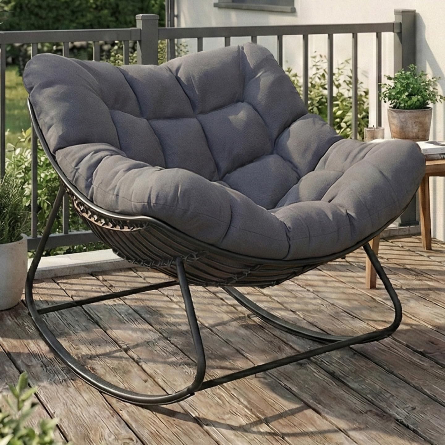 IDMarket - Fauteuil de Jardin à Bascule LOA Effet rotin Gris avec Coussin Gris