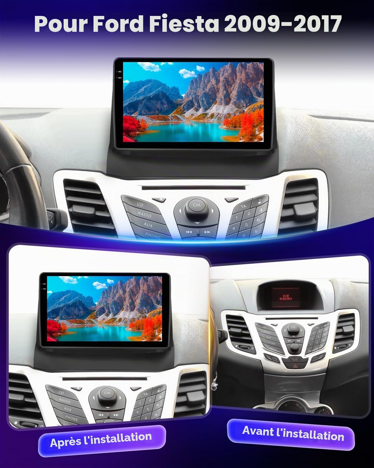 Autoradio NHOPEEW 4+128G Android pour Ford Fiesta 2009-2017 avec Carplay sans Fil et Android Auto - Écran incell 9 Pouces Prise en Charge WiFi GPS Commandes au Volant + Caméra de recul, Canbus