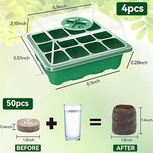 Miniatura 2 de Halatool Paquete de 4 bandejas de inicio de semillas con 50 pellets de turba, 48 celdas de semillas verdes para semillas orgánicas, vainas de tierra