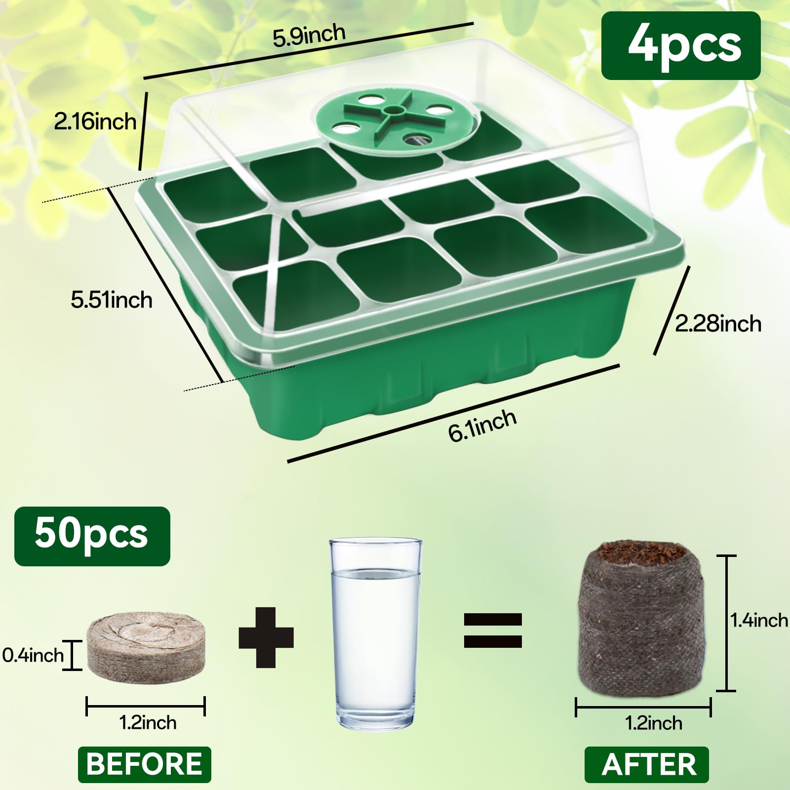 Halatool - Paquete de 8 bandejas de iniciación de semillas con 100 pellets de turba, 96 células, bandejas de germinación de plantas verdes para semillas orgánicas, vainas de tierra para plantar