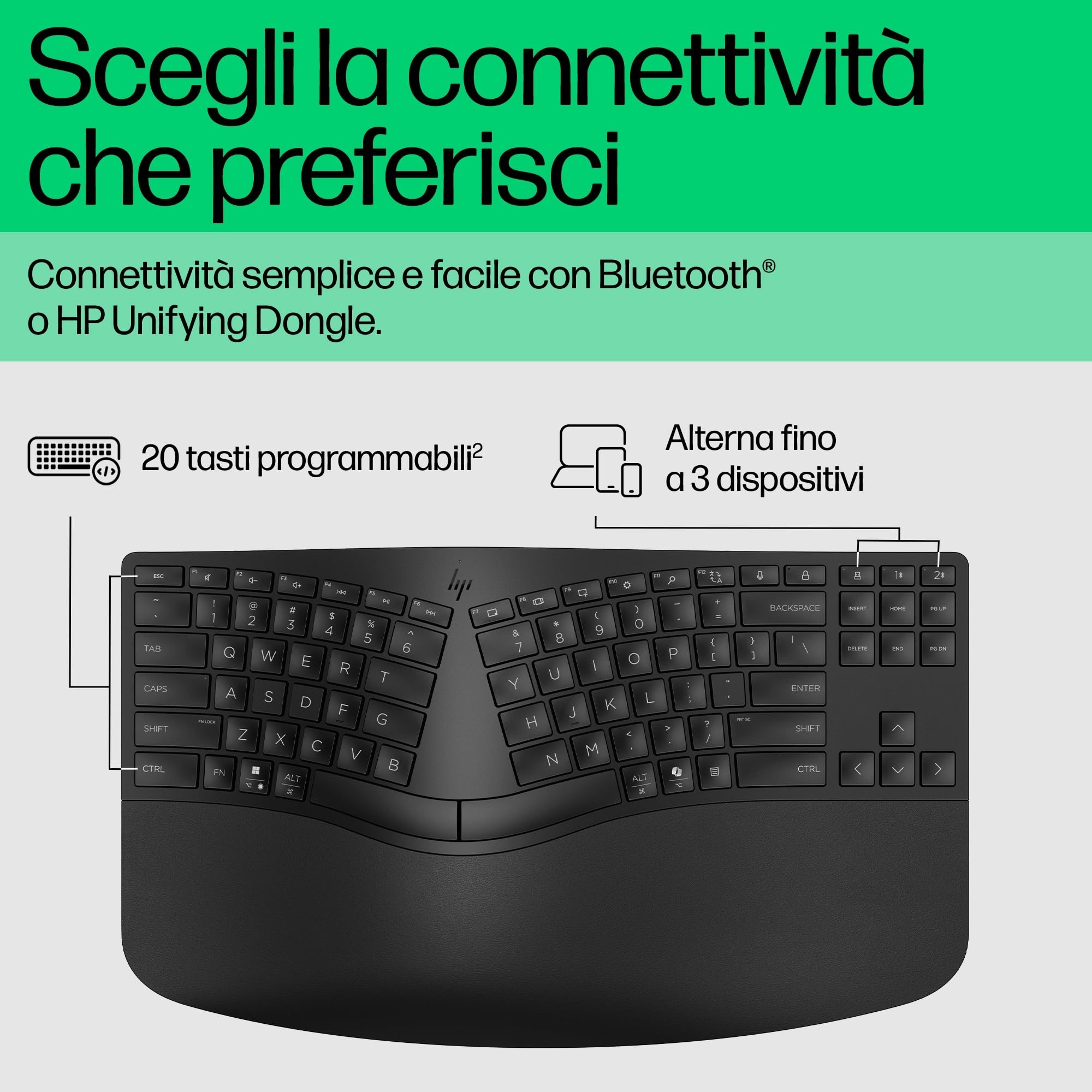 HP 960 bezprzewodowa ergonomiczna klawiatura, szybkie połączenie Swift Pair i Unifying Dongle, 20 programowalnych klawiszy, standard Intel Evo, wiele urządzeń, przycisk Copilot, czas pracy do 24