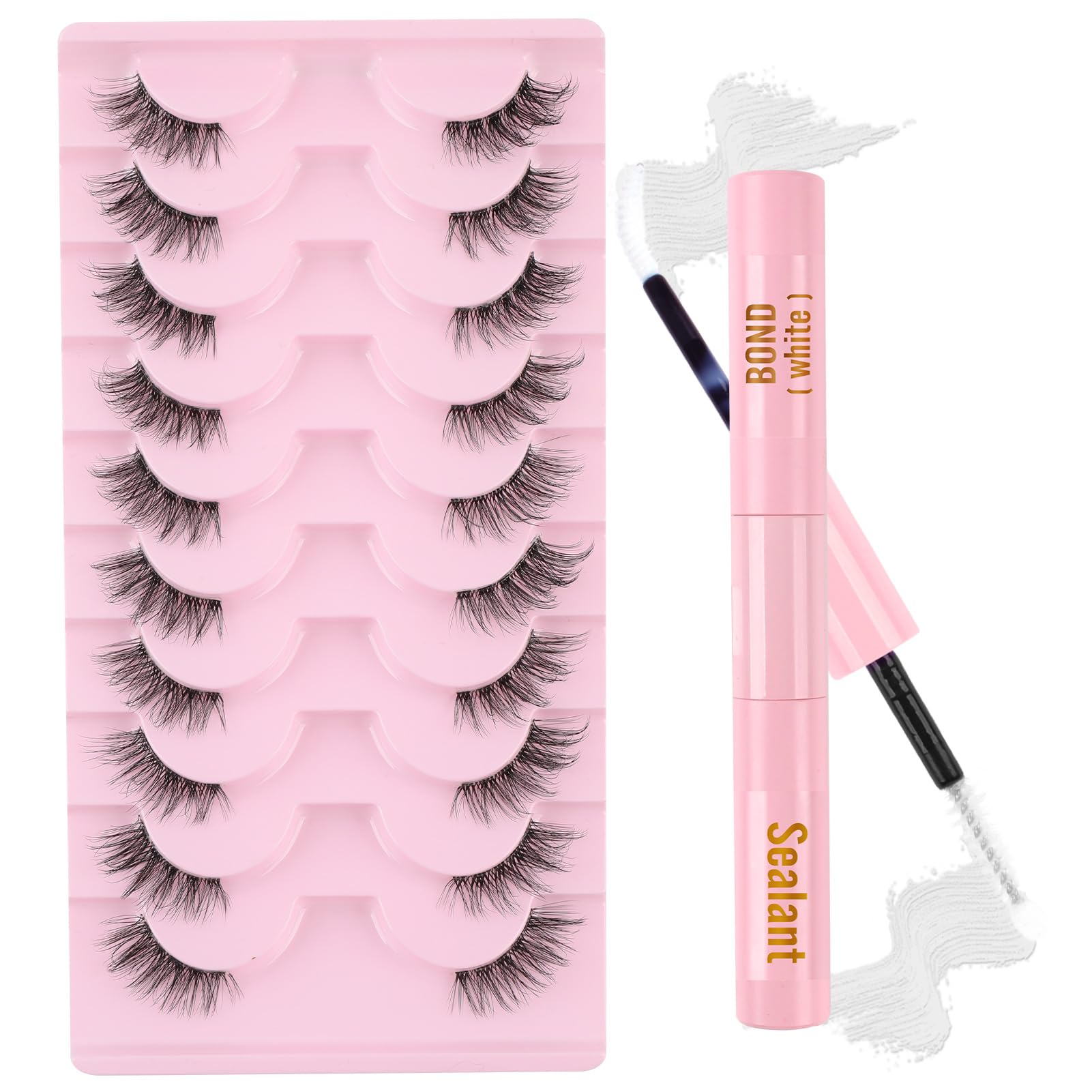 Sixstarhair Half Lashes with Glue Eyelashes Clear Band 10 Pairs Cat Eye Lashes Kit Demi Wispies Eyelashes With Bond And Seal Natural Looking Reusable Fake Lashes